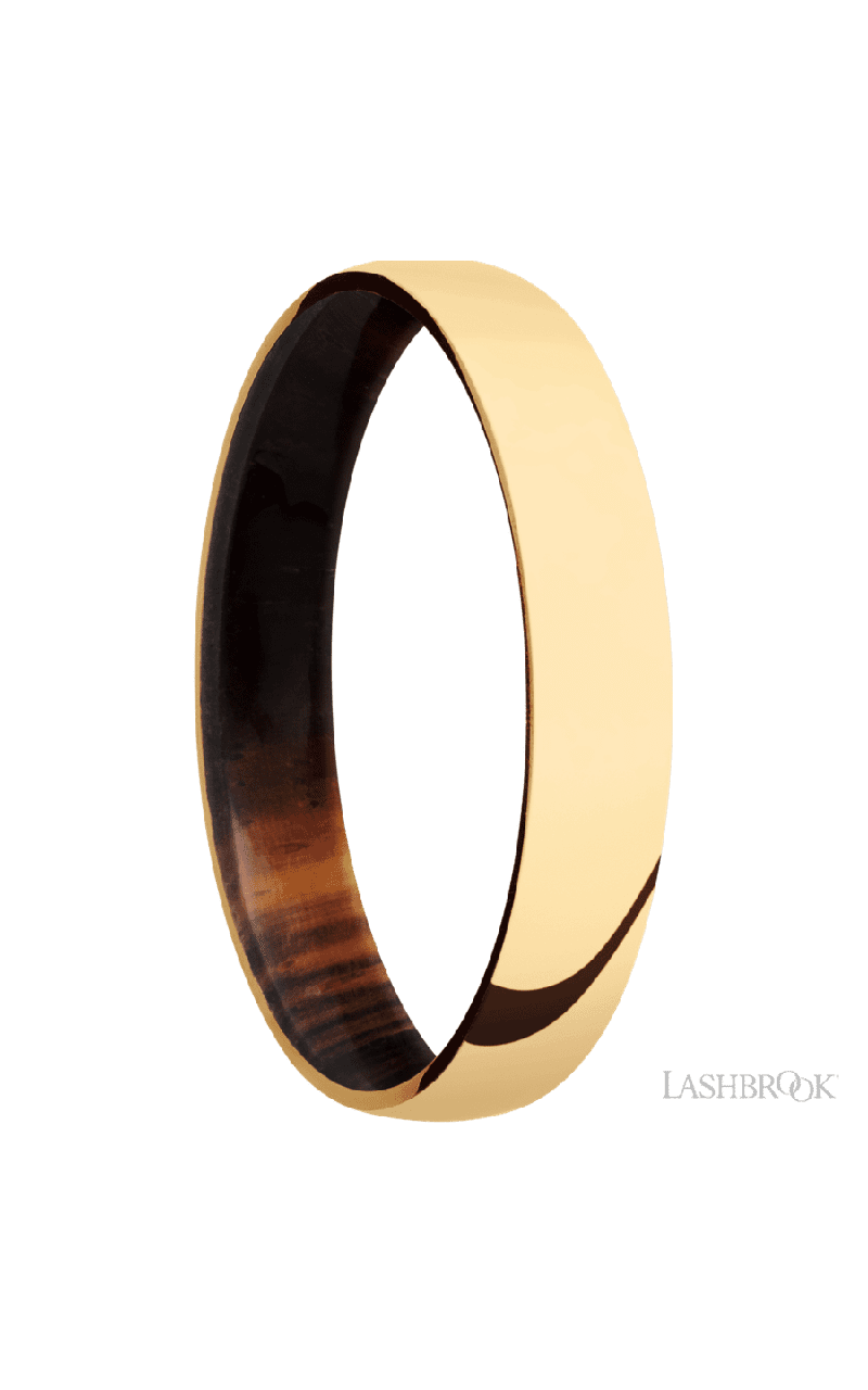 4 mm wide Domed 14K Yellow Gold band featuring a Cocobolo sleeve.