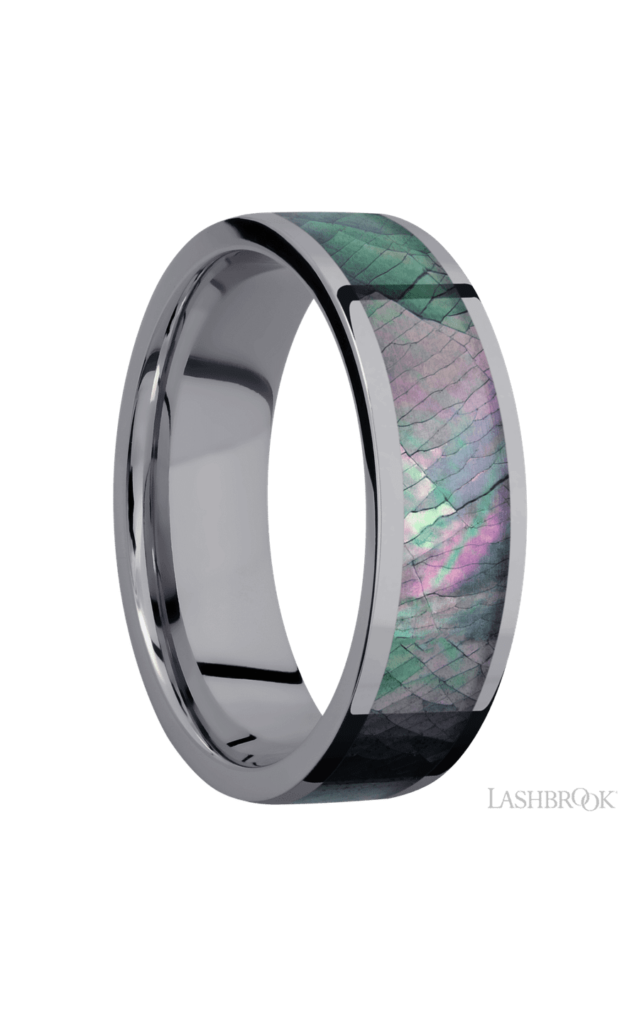 7 mm wide/Flat/Tantalum band with one 5 mm Centered inlay of Black Mother of Pearl.