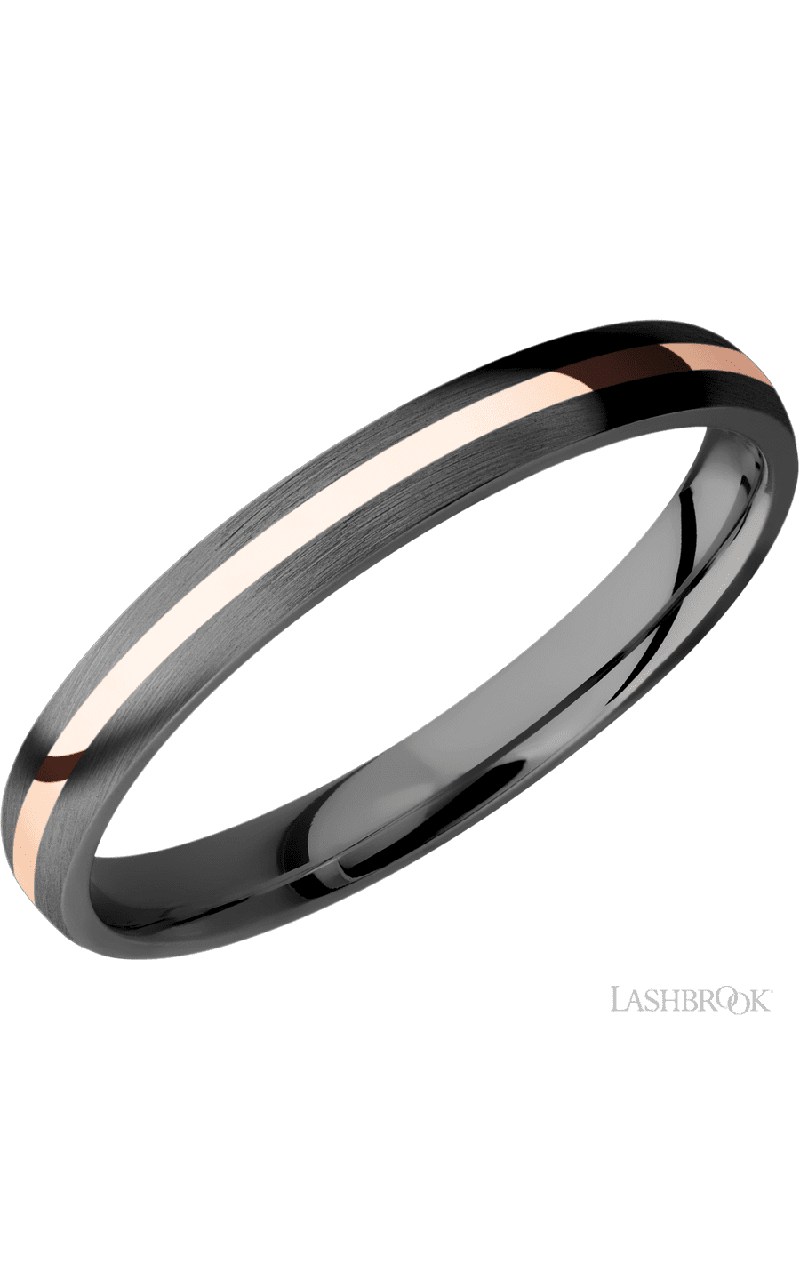 3 mm wide/Domed/Zirconium band with one 1 mm Centered inlay of 14K Rose Gold.