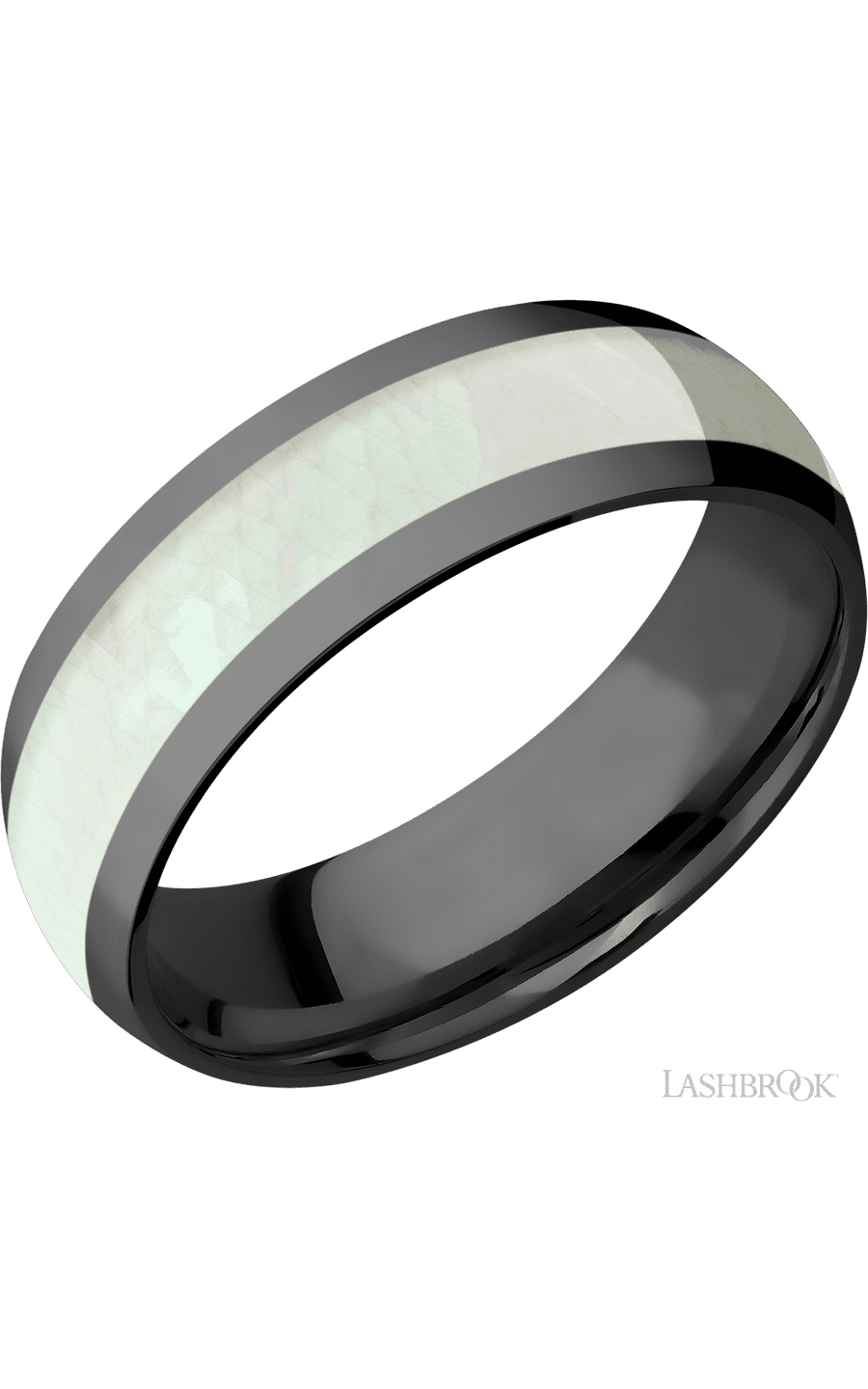 7 mm wide/Domed/Zirconium band with one 4 mm Centered inlay of Freshwater Mother of Pearl.