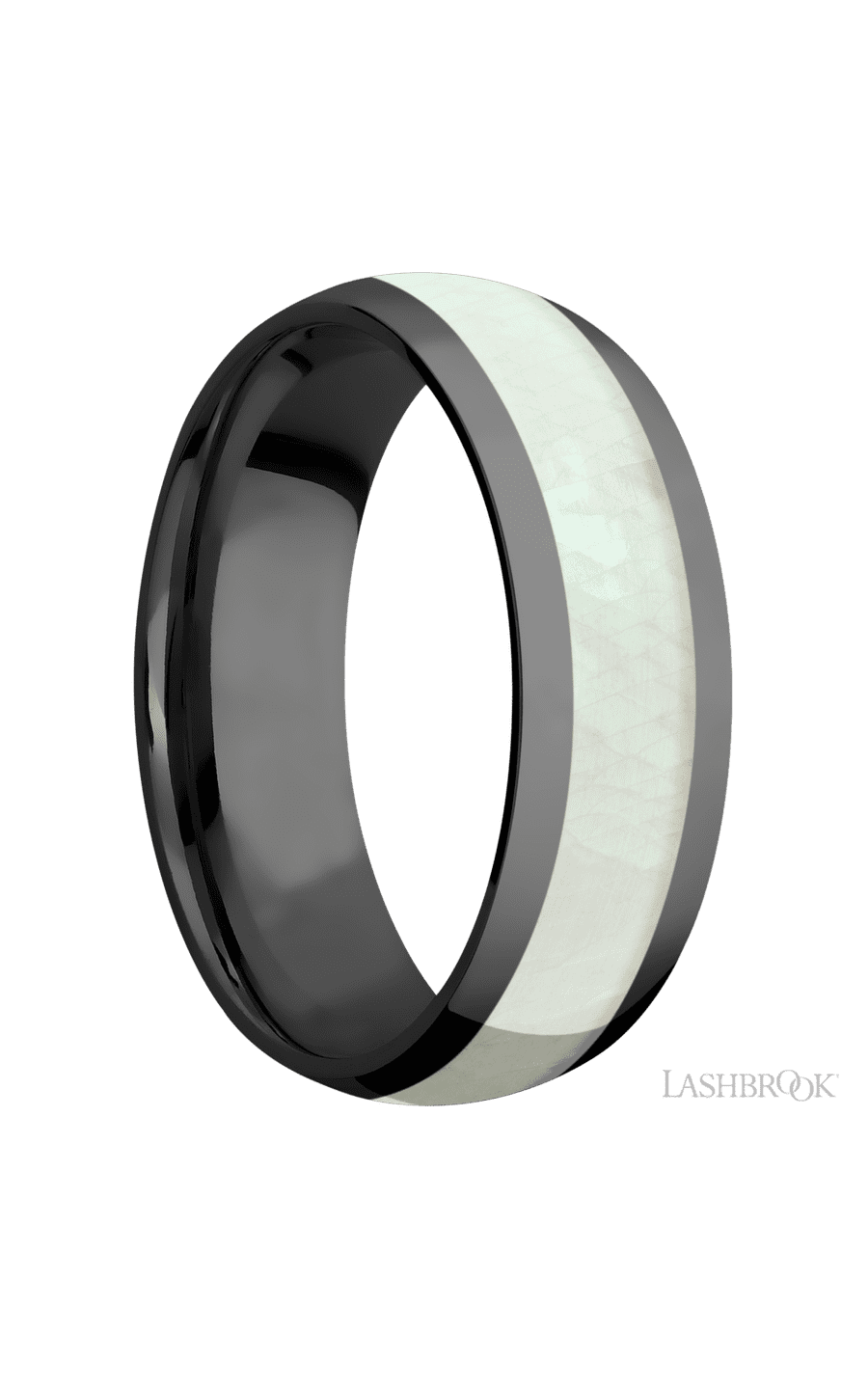 7 mm wide/Domed/Zirconium band with one 4 mm Centered inlay of Freshwater Mother of Pearl.