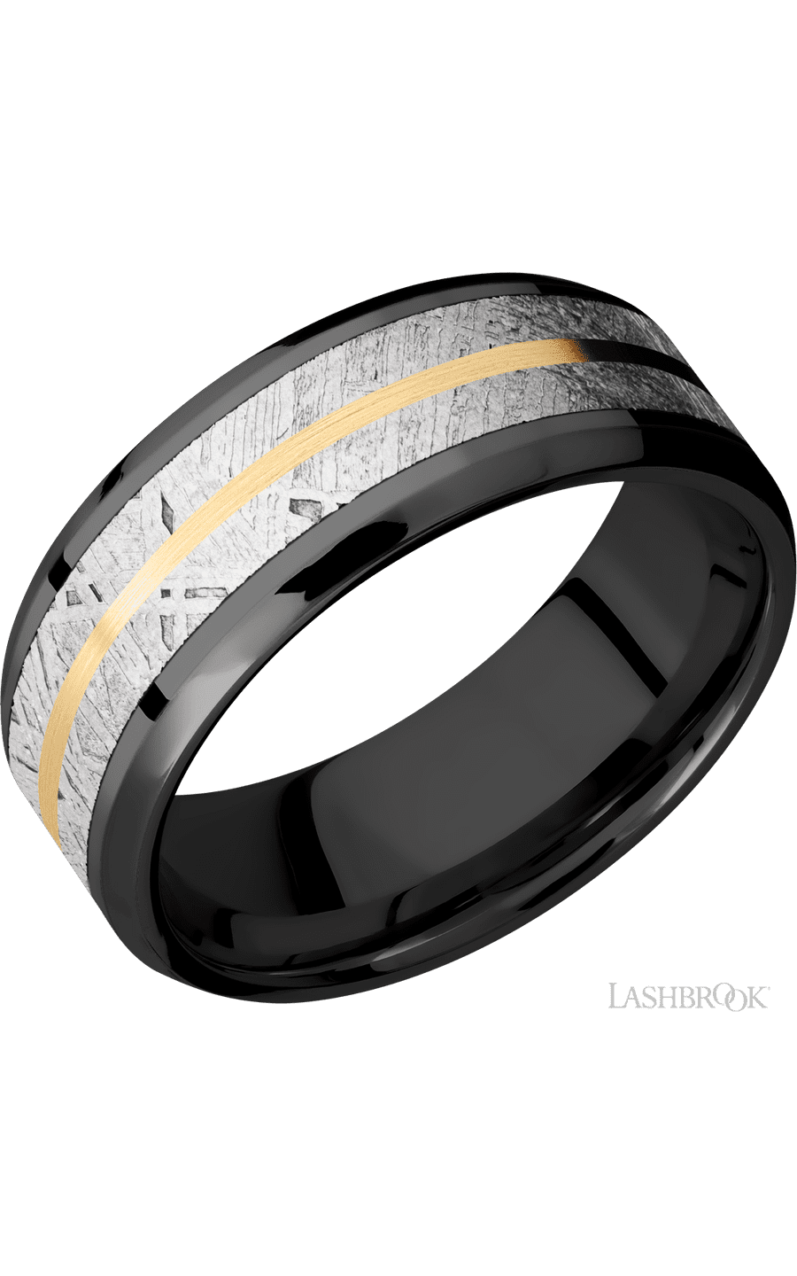 8 mm wide/Beveled/Zirconium band featuring inlays of Meteorite and 14K Yellow Gold.