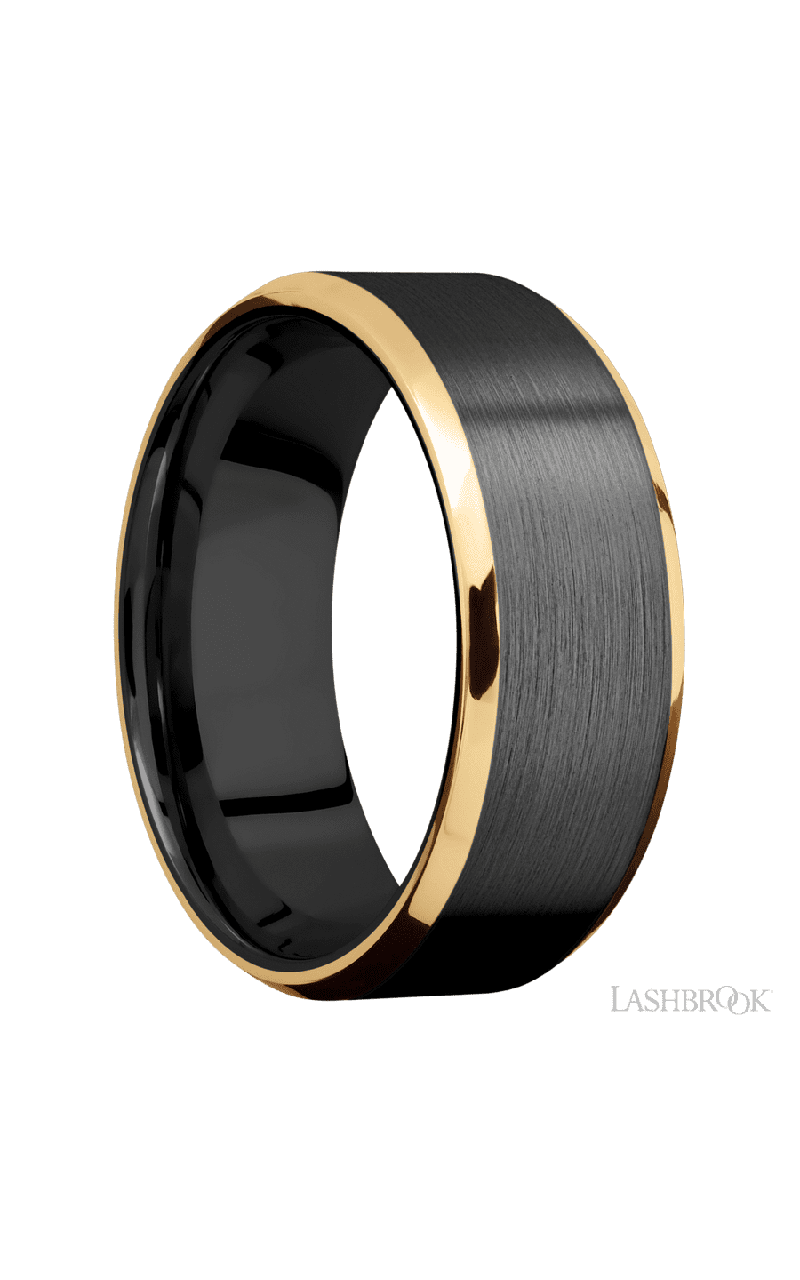 8 mm wide/Beveled/Zirconium band with two 1 mm Edge inlays of 14K Yellow Gold.