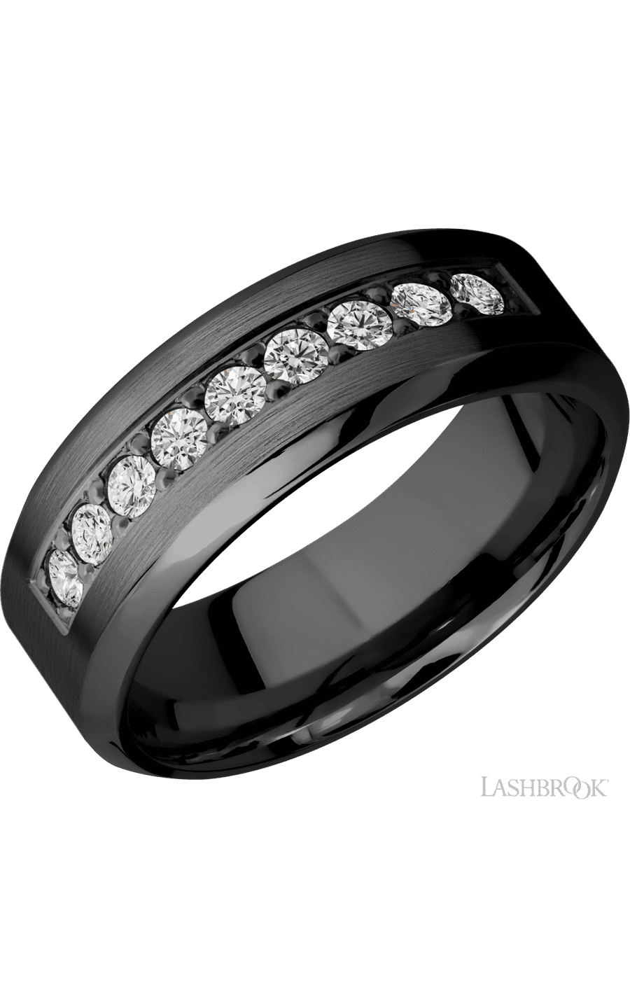 8 mm wide/High Bevel/Zirconium band with an arrangement of 9, .05 carat Round Diamond stones in a Bead setting.