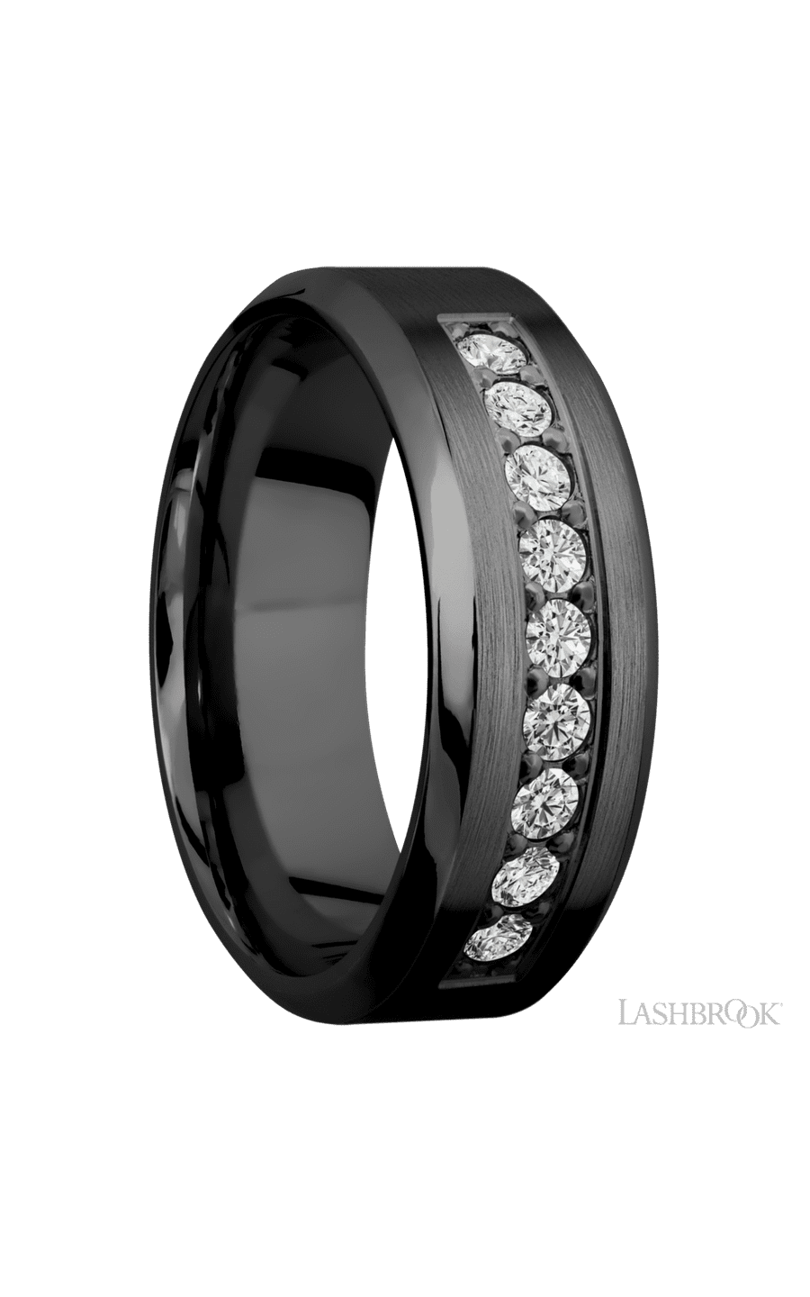 8 mm wide/High Bevel/Zirconium band with an arrangement of 9, .05 carat Round Diamond stones in a Bead setting.