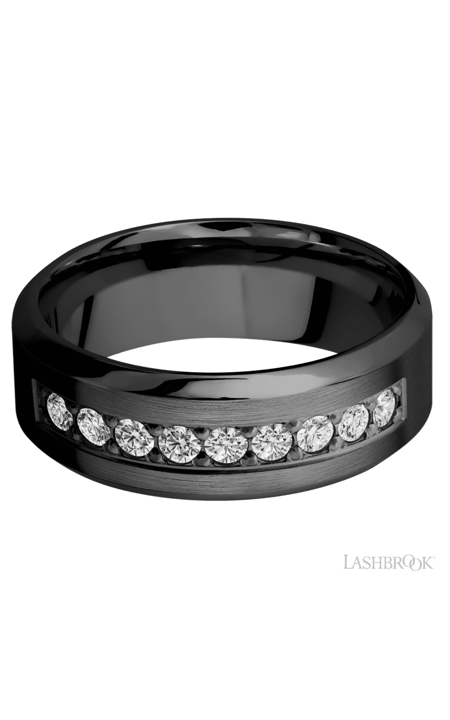 8 mm wide/High Bevel/Zirconium band with an arrangement of 9, .05 carat Round Diamond stones in a Bead setting.