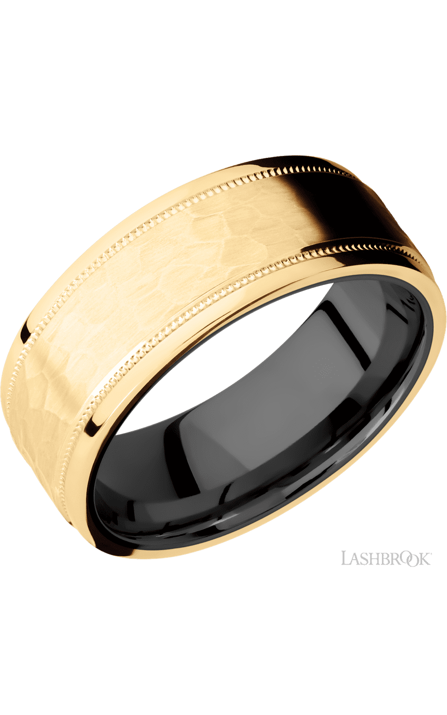 8 mm wide Flat Stepped Edges Milgrain 14K Yellow Gold band featuring a Zirconium sleeve.