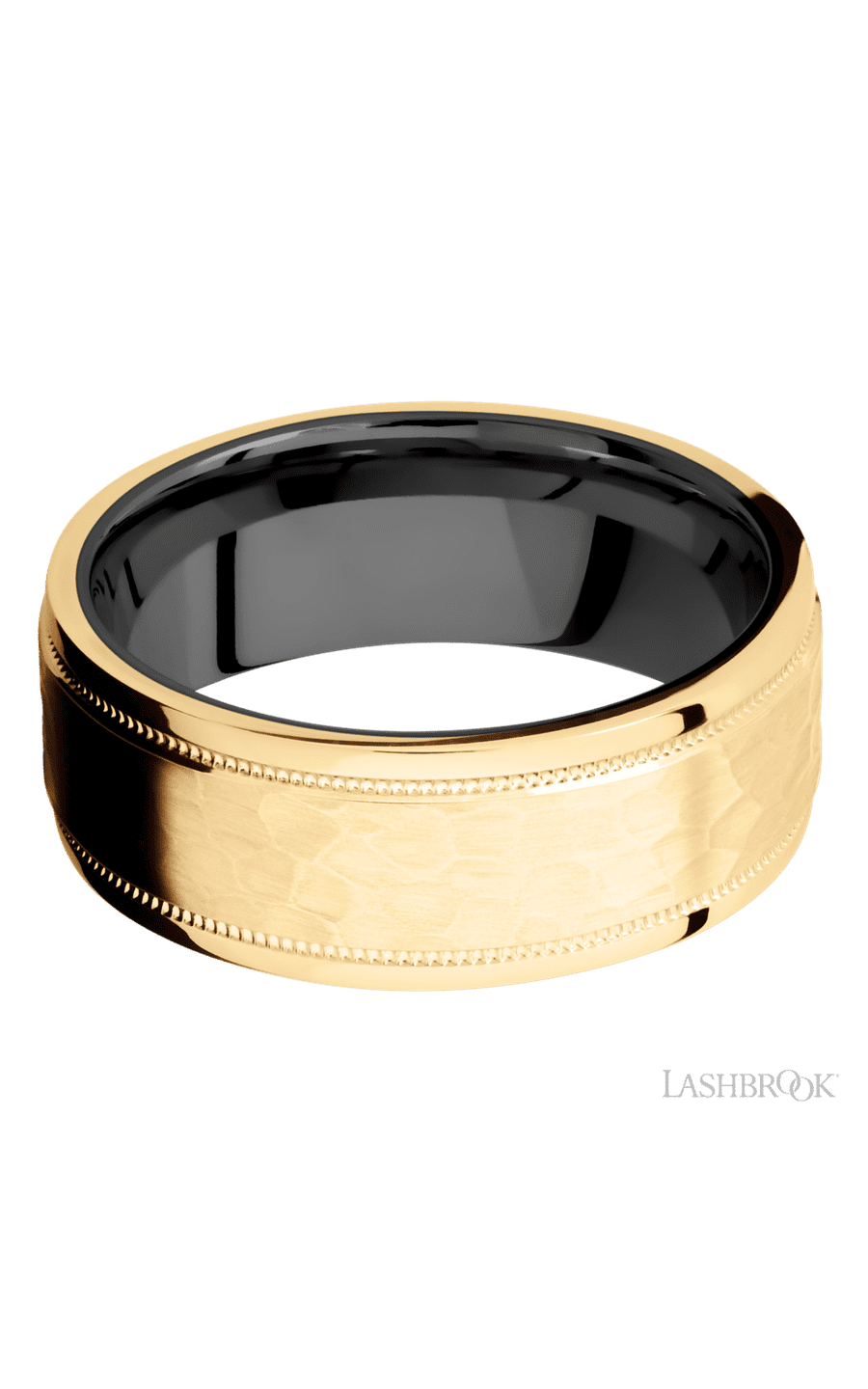 8 mm wide Flat Stepped Edges Milgrain 14K Yellow Gold band featuring a Zirconium sleeve.