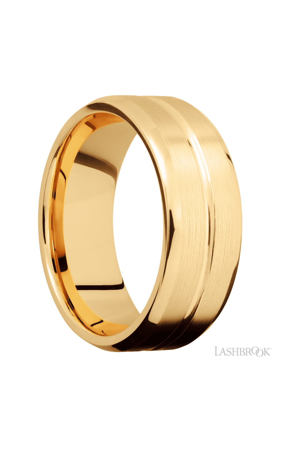 8 mm wide Beveled with Center Accent Groove 14K Yellow Gold band.