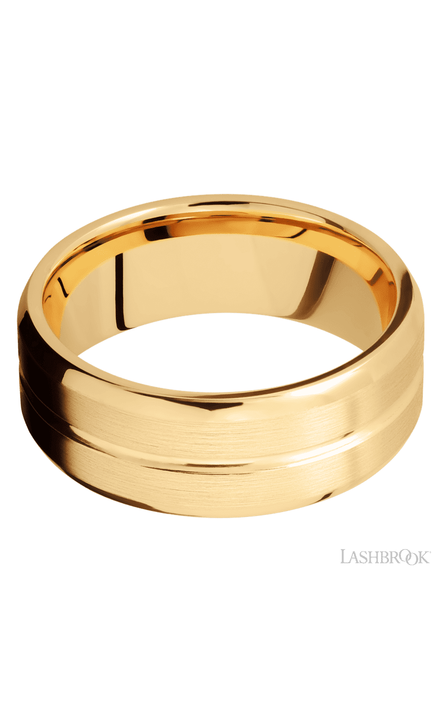 8 mm wide Beveled with Center Accent Groove 14K Yellow Gold band.