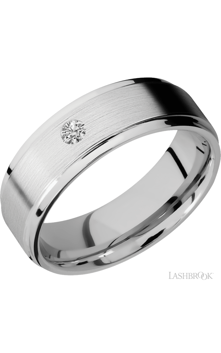 7 mm wide/Flat Grooved Edges/14K White Gold band with an arrangement of 1, .1 carat Round Diamond stones in a Flush setting.