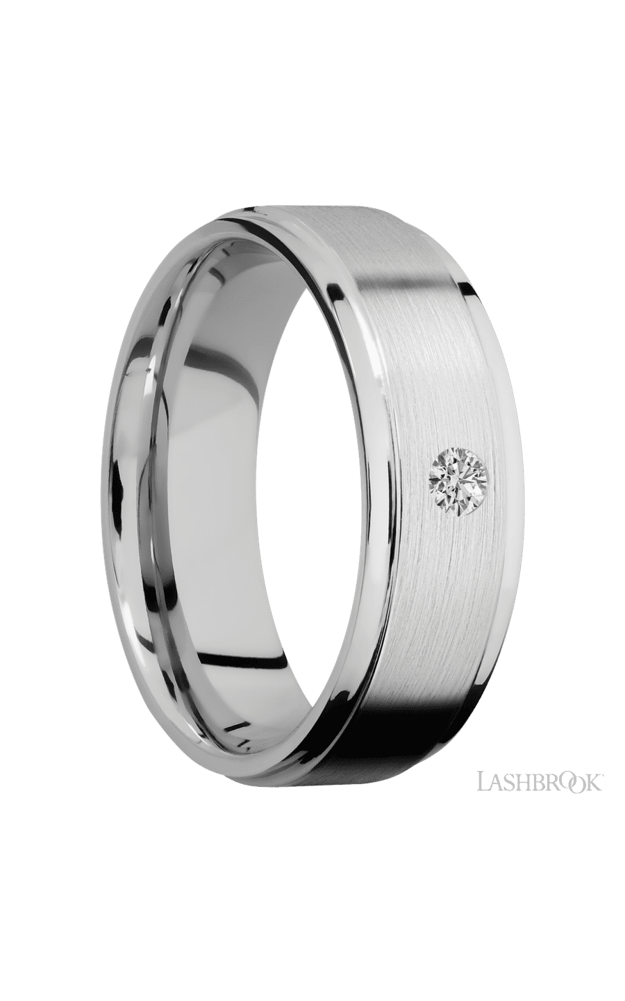 7 mm wide/Flat Grooved Edges/14K White Gold band with an arrangement of 1, .1 carat Round Diamond stones in a Flush setting.