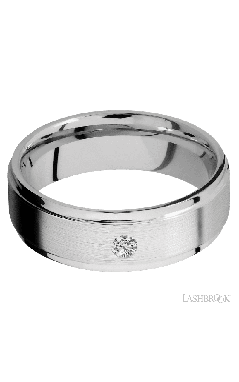 7 mm wide/Flat Grooved Edges/14K White Gold band with an arrangement of 1, .1 carat Round Diamond stones in a Flush setting.