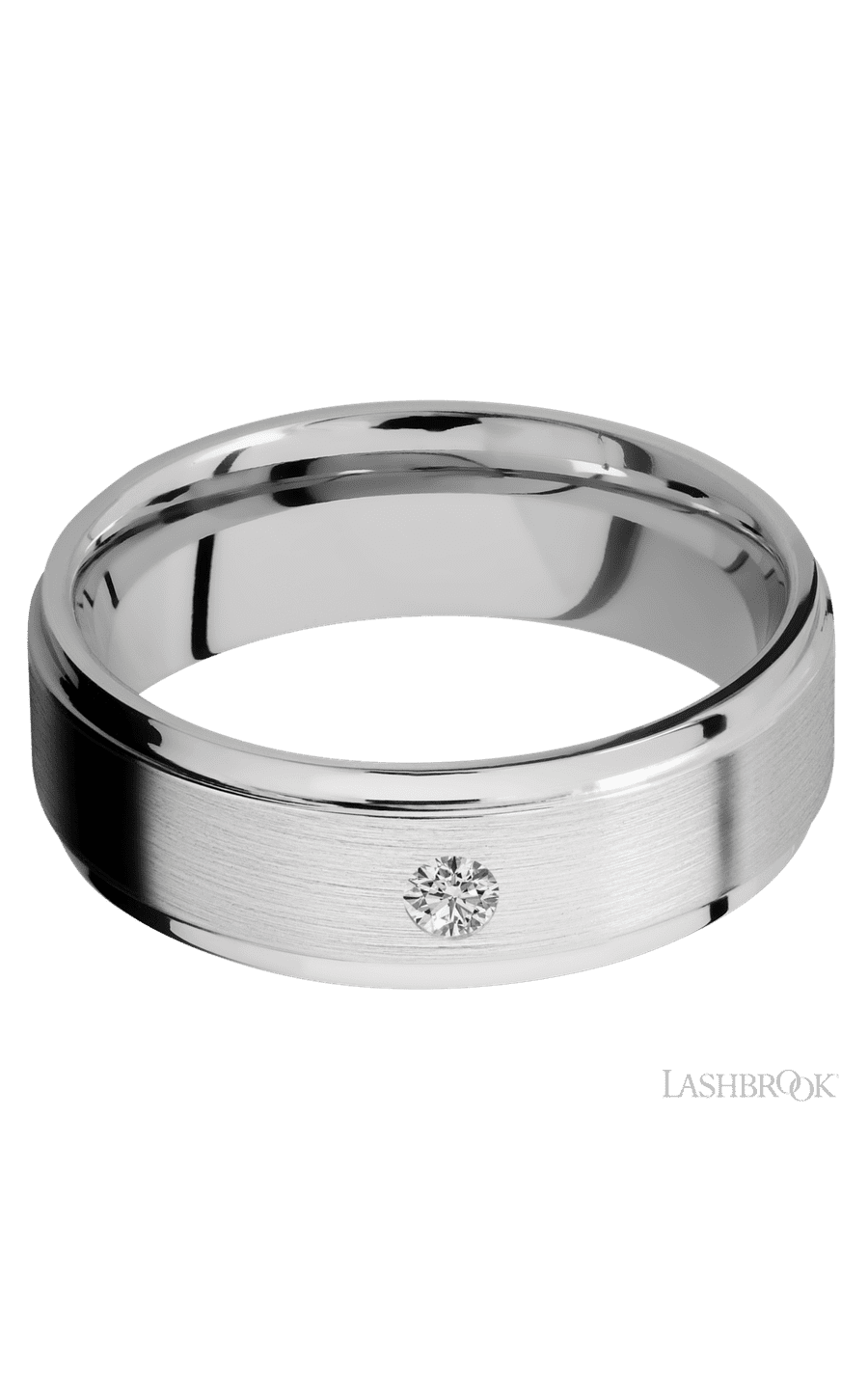 7 mm wide/Flat Grooved Edges/14K White Gold band with an arrangement of 1, .1 carat Round Diamond stones in a Flush setting.