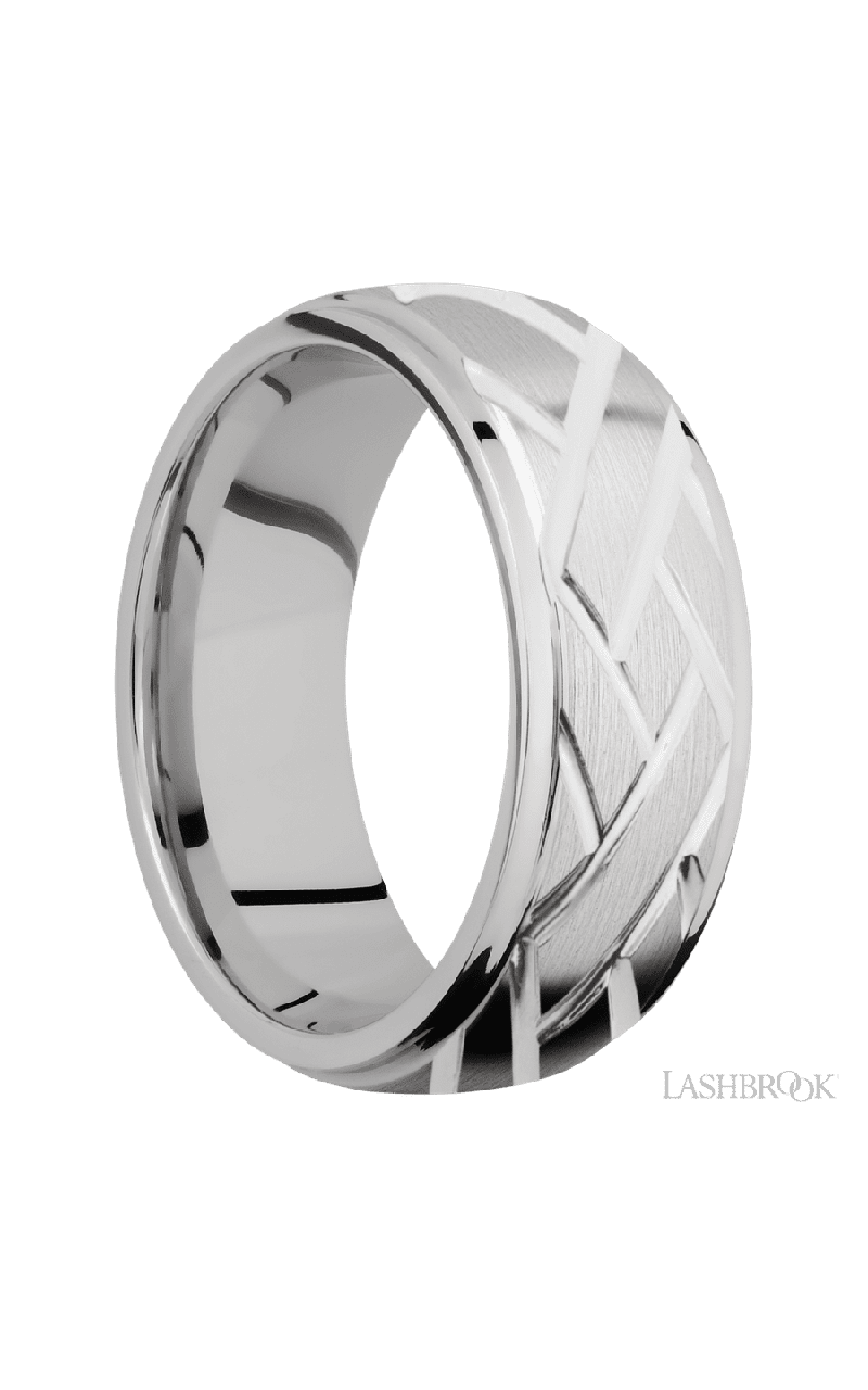 8 mm wide/Domed Stepped Down Edges/14K White Gold band with a machined Lattice pattern.