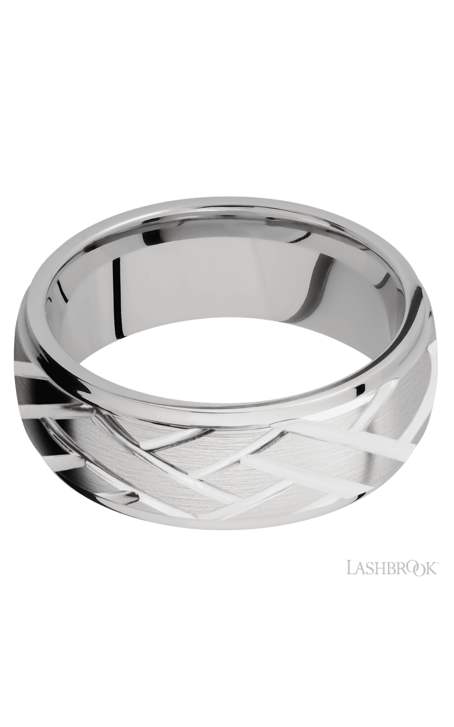 8 mm wide/Domed Stepped Down Edges/14K White Gold band with a machined Lattice pattern.