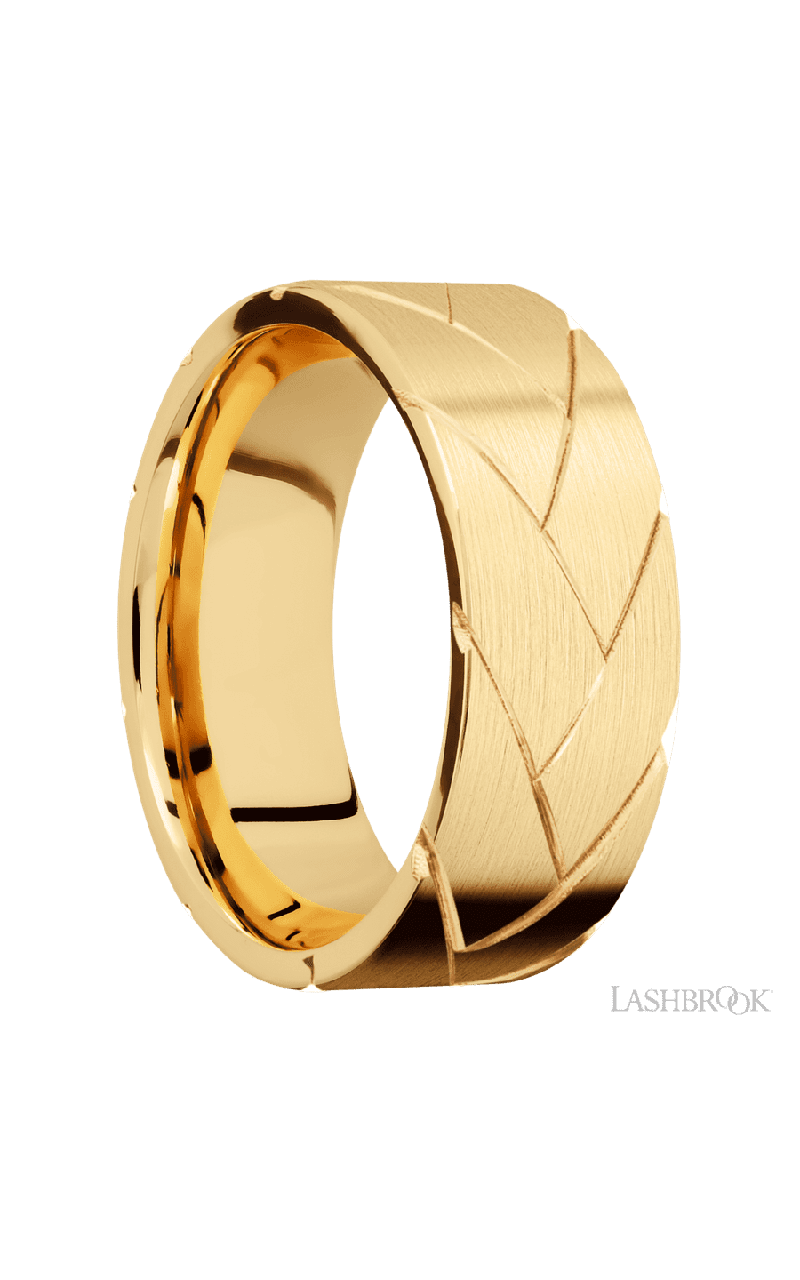8 mm wide/Flat/14K Yellow Gold band with a machined Flatbraid pattern.