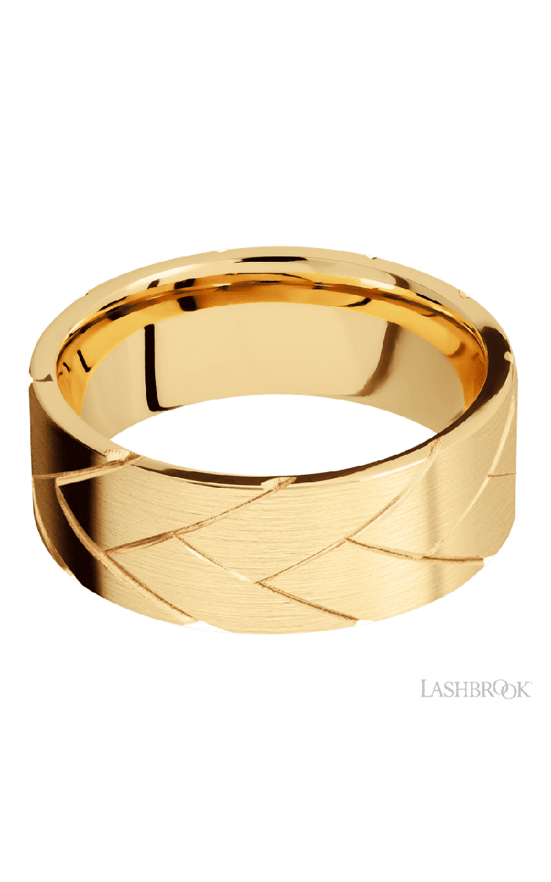 8 mm wide/Flat/14K Yellow Gold band with a machined Flatbraid pattern.