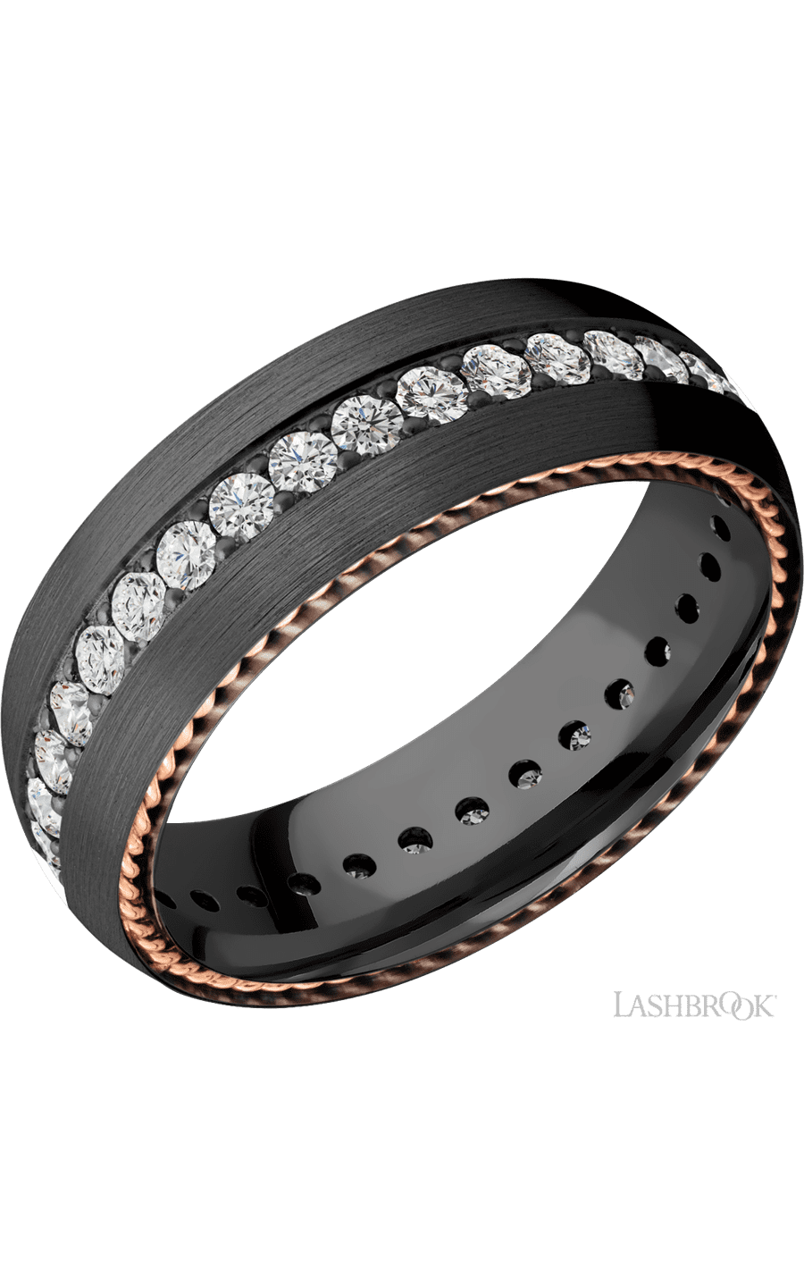 7 mm wide/Domed/Zirconium band with two 1 mm Sidebraid inlays of 14K Rose Gold and featuring an Eternity arrangement of .03 carat Round Lab Grown Diamond stones in a Bead setting