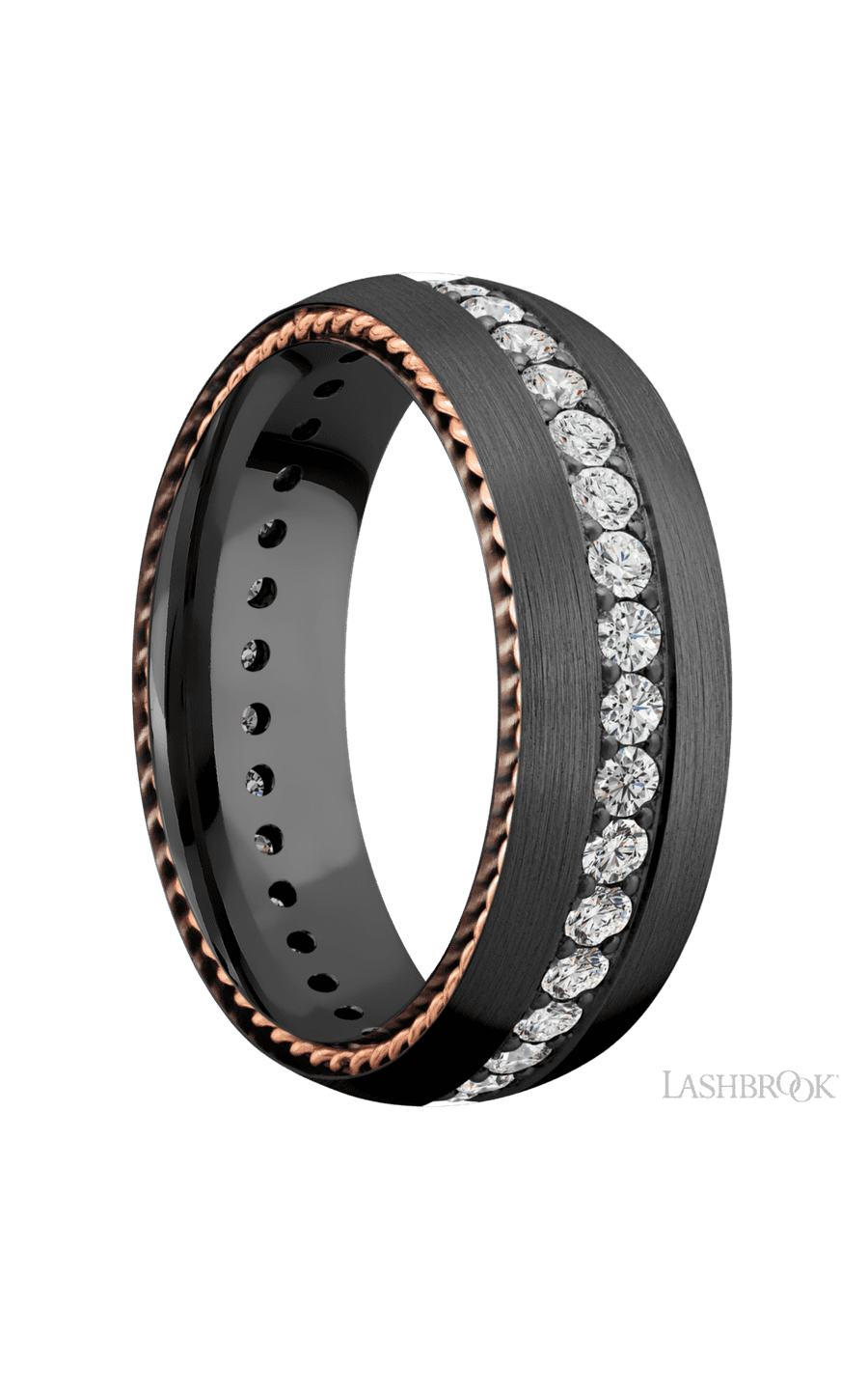 7 mm wide/Domed/Zirconium band with two 1 mm Sidebraid inlays of 14K Rose Gold and featuring an Eternity arrangement of .03 carat Round Lab Grown Diamond stones in a Bead setting