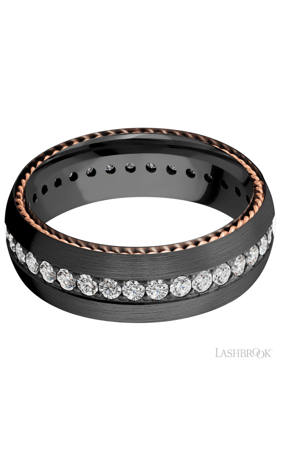 7 mm wide/Domed/Zirconium band with two 1 mm Sidebraid inlays of 14K Rose Gold and featuring an Eternity arrangement of .03 carat Round Lab Grown Diamond stones in a Bead setting