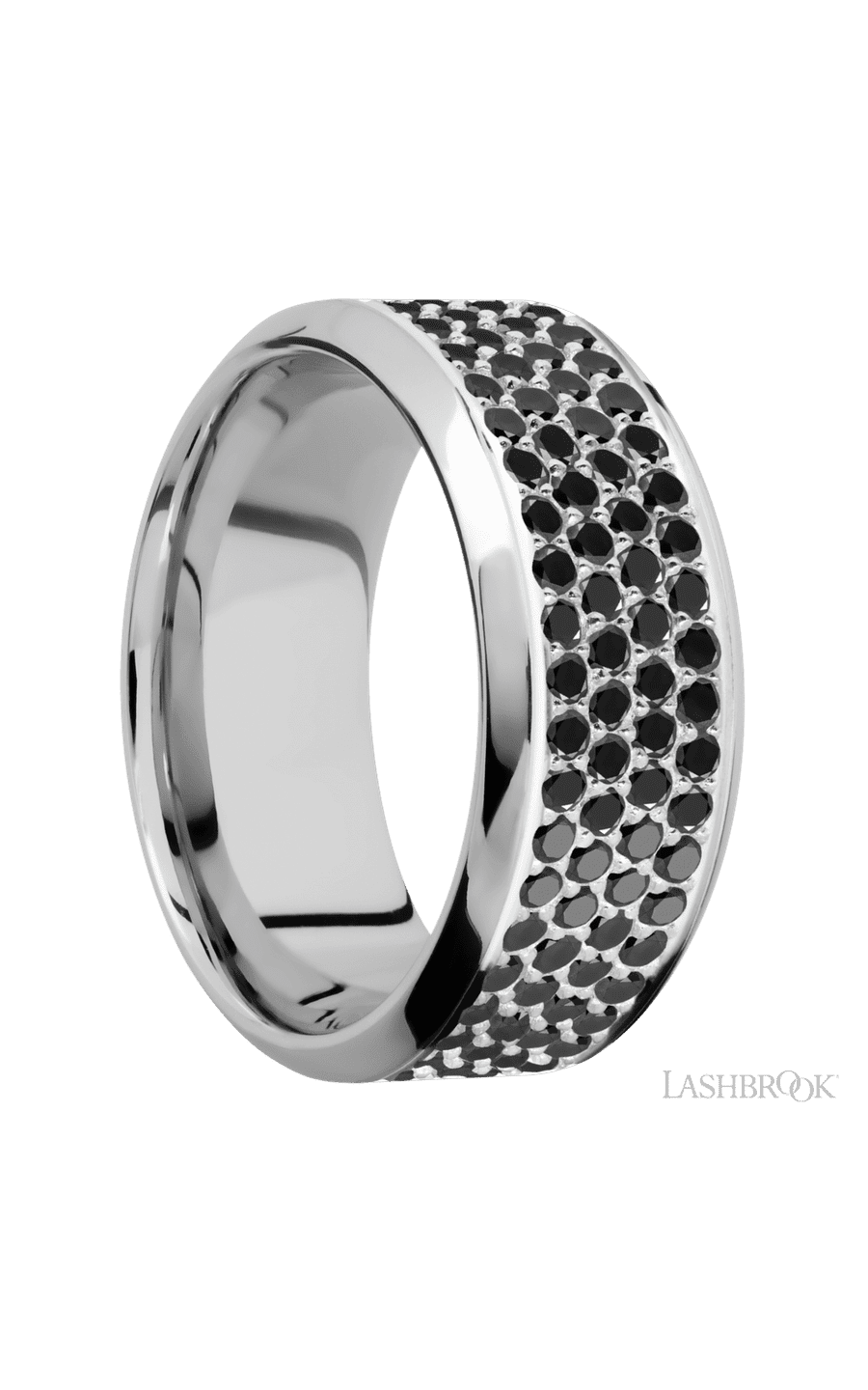 9 mm wide/High Bevel/14K White Gold band with a 4 Row Half Eternity arrangement of .015 carat Round Black Diamond stones in a Bead Channel setting.