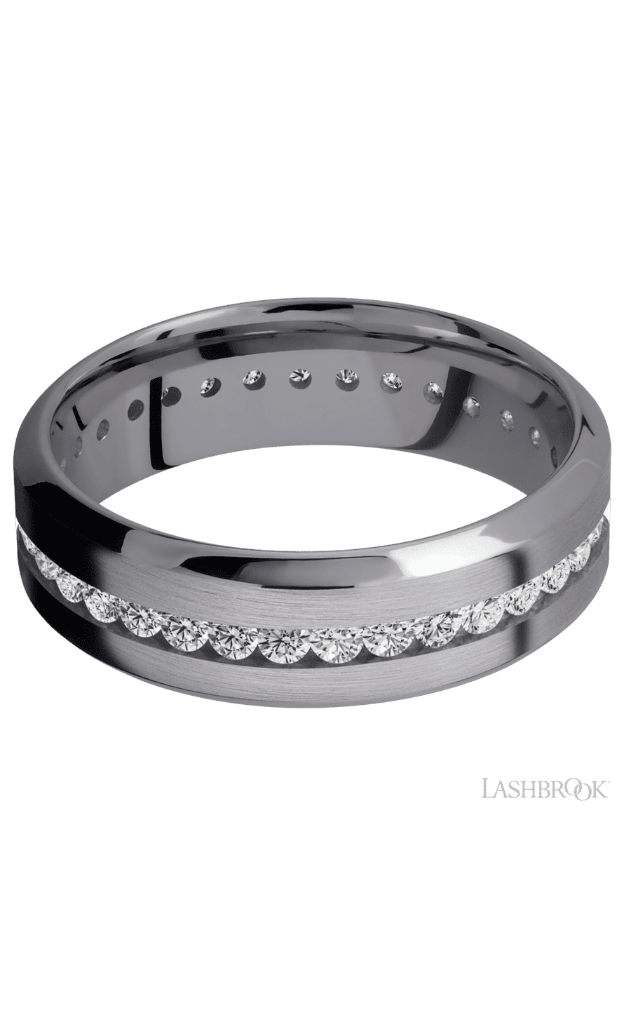 7 mm wide/High Bevel/Tantalum band with an Eternity arrangement of .03 carat Round Lab Grown Diamond stones in a Channel setting.