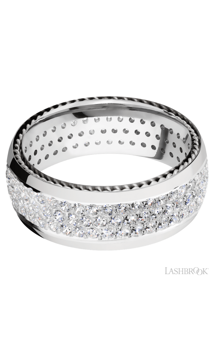 8 mm wide/Domed/14K White Gold band with two 1 mm Sidebraid inlays of 14K White Gold and featuring a 3 Row Eternity arrangement of .015 carat Round Diamond stones in a Bead Channel setting