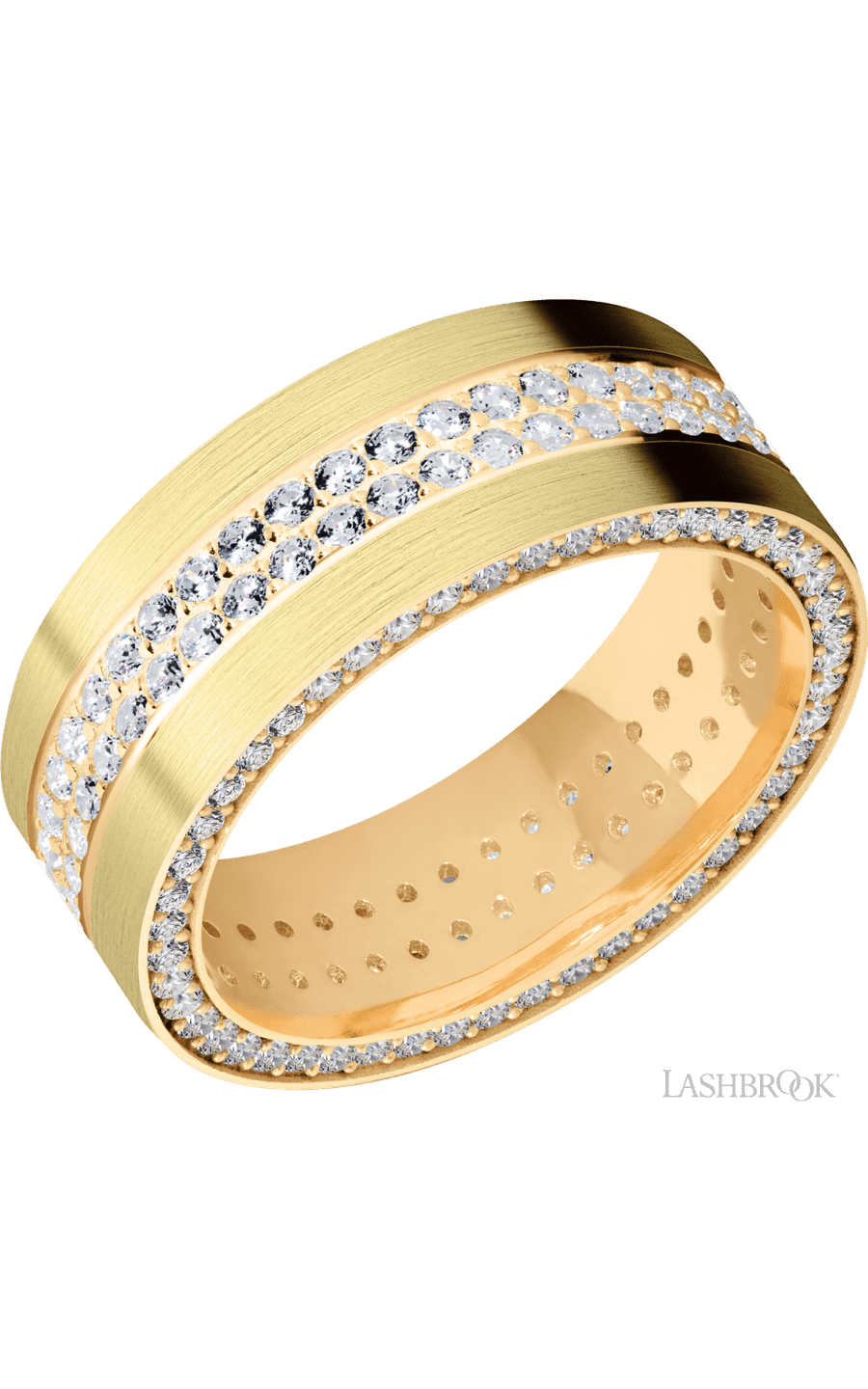 8 mm wide/Flat/14K Yellow Gold band with a Side Eternity arrangement of .01 carat Round Diamond stones in a Bead Channel setting and featuring a a 2 Row Eternity arrangement of .015 carat Round Diamond stones in a Bead Channel setting