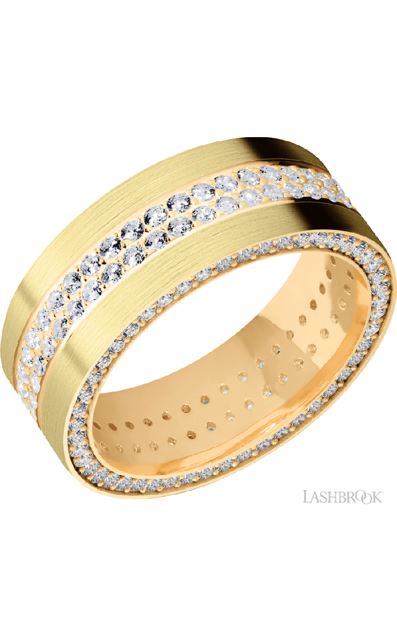 8 mm wide/Flat/14K Yellow Gold band with a Side Eternity arrangement of .01 carat Round Diamond stones in a Bead Channel setting and featuring a a 2 Row Eternity arrangement of .015 carat Round Diamond stones in a Bead Channel setting