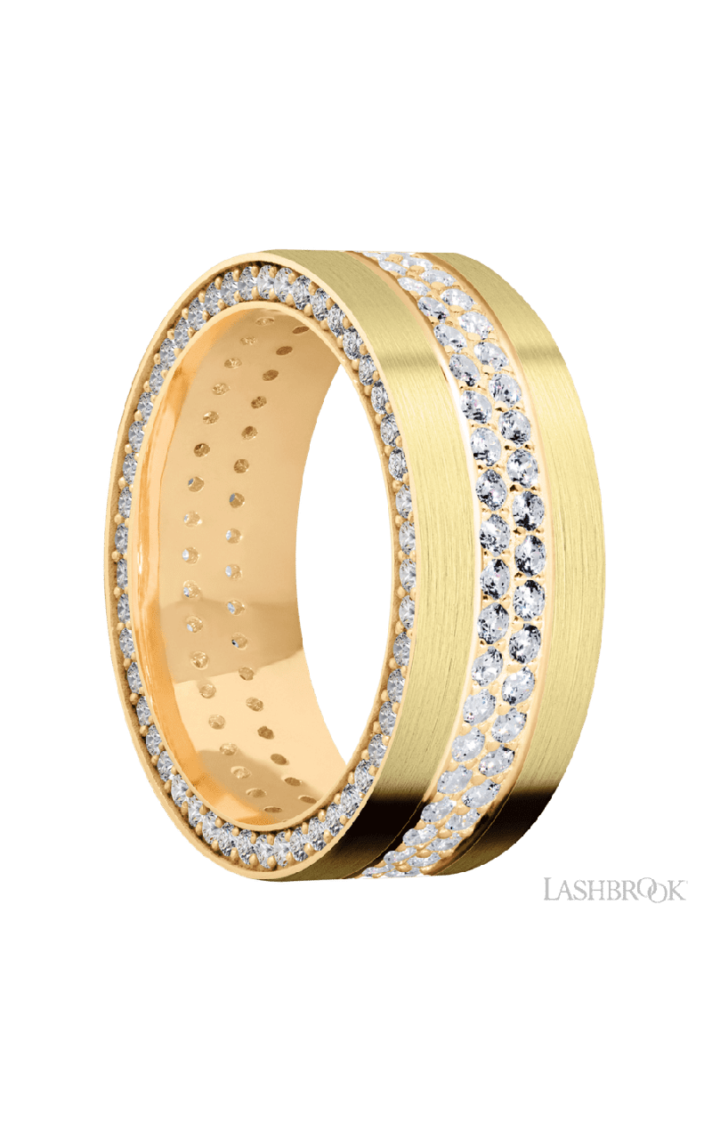 8 mm wide/Flat/14K Yellow Gold band with a Side Eternity arrangement of .01 carat Round Diamond stones in a Bead Channel setting and featuring a a 2 Row Eternity arrangement of .015 carat Round Diamond stones in a Bead Channel setting