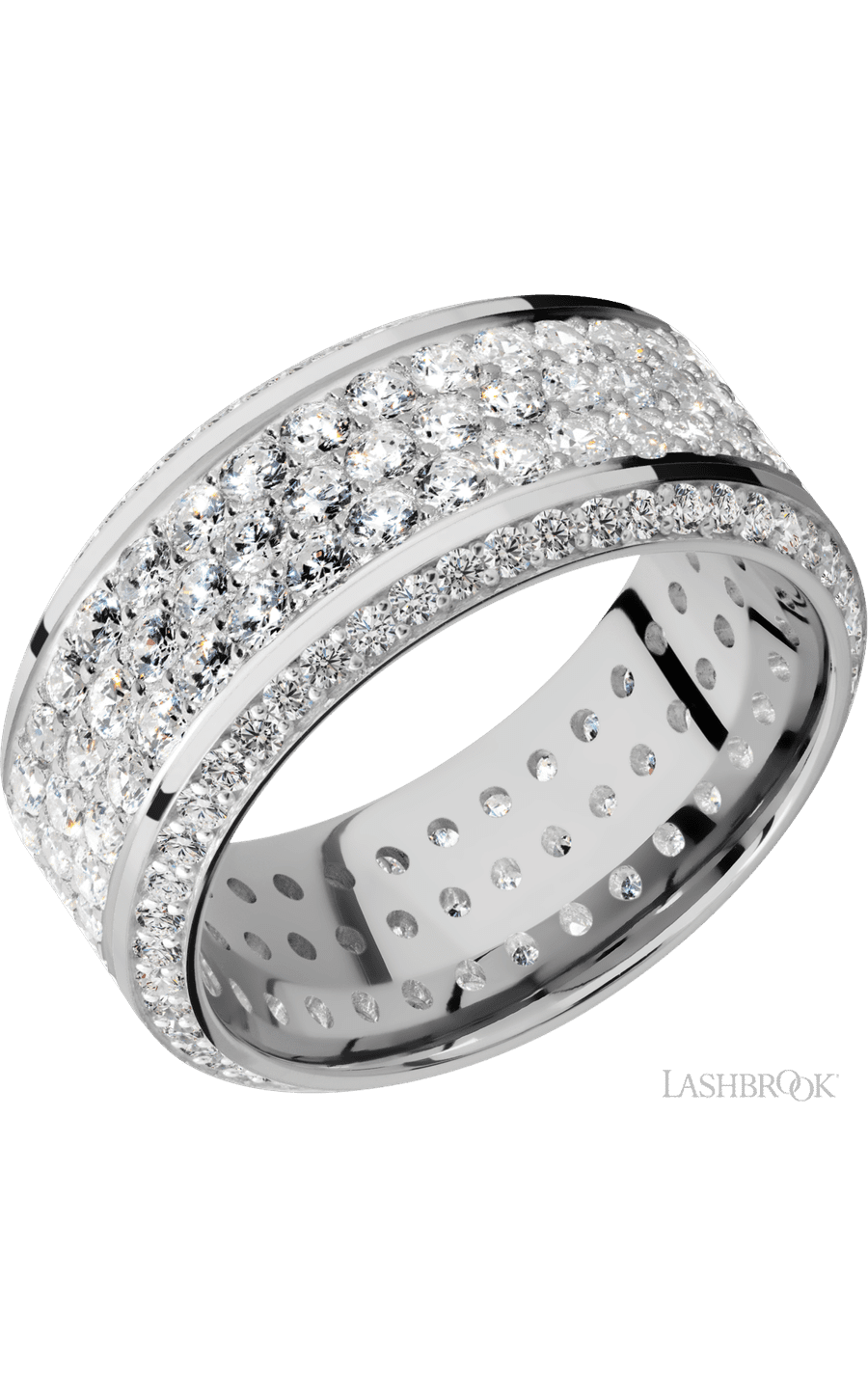 10 mm wide/High Bevel/14K White Gold band with a Bevel Eternity arrangement of .01 carat Round Diamond stones in a Bead setting and featuring a a 3 Row Eternity arrangement of .03 carat Round Diamond stones in a Bead Channel setting