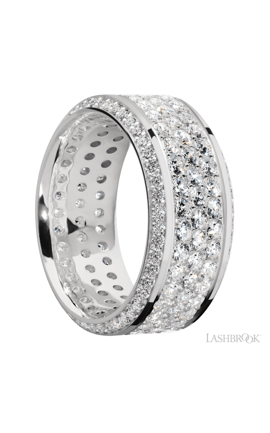 10 mm wide/High Bevel/14K White Gold band with a Bevel Eternity arrangement of .01 carat Round Diamond stones in a Bead setting and featuring a a 3 Row Eternity arrangement of .03 carat Round Diamond stones in a Bead Channel setting