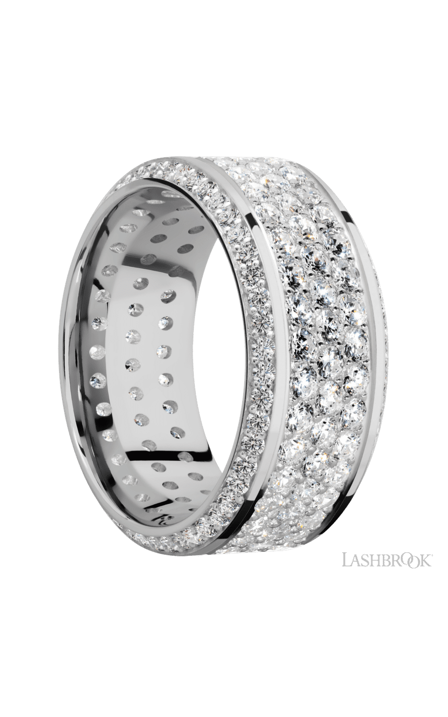 10 mm wide/High Bevel/14K White Gold band with a Bevel Eternity arrangement of .01 carat Round Diamond stones in a Bead setting and featuring a a 3 Row Eternity arrangement of .03 carat Round Diamond stones in a Bead Channel setting