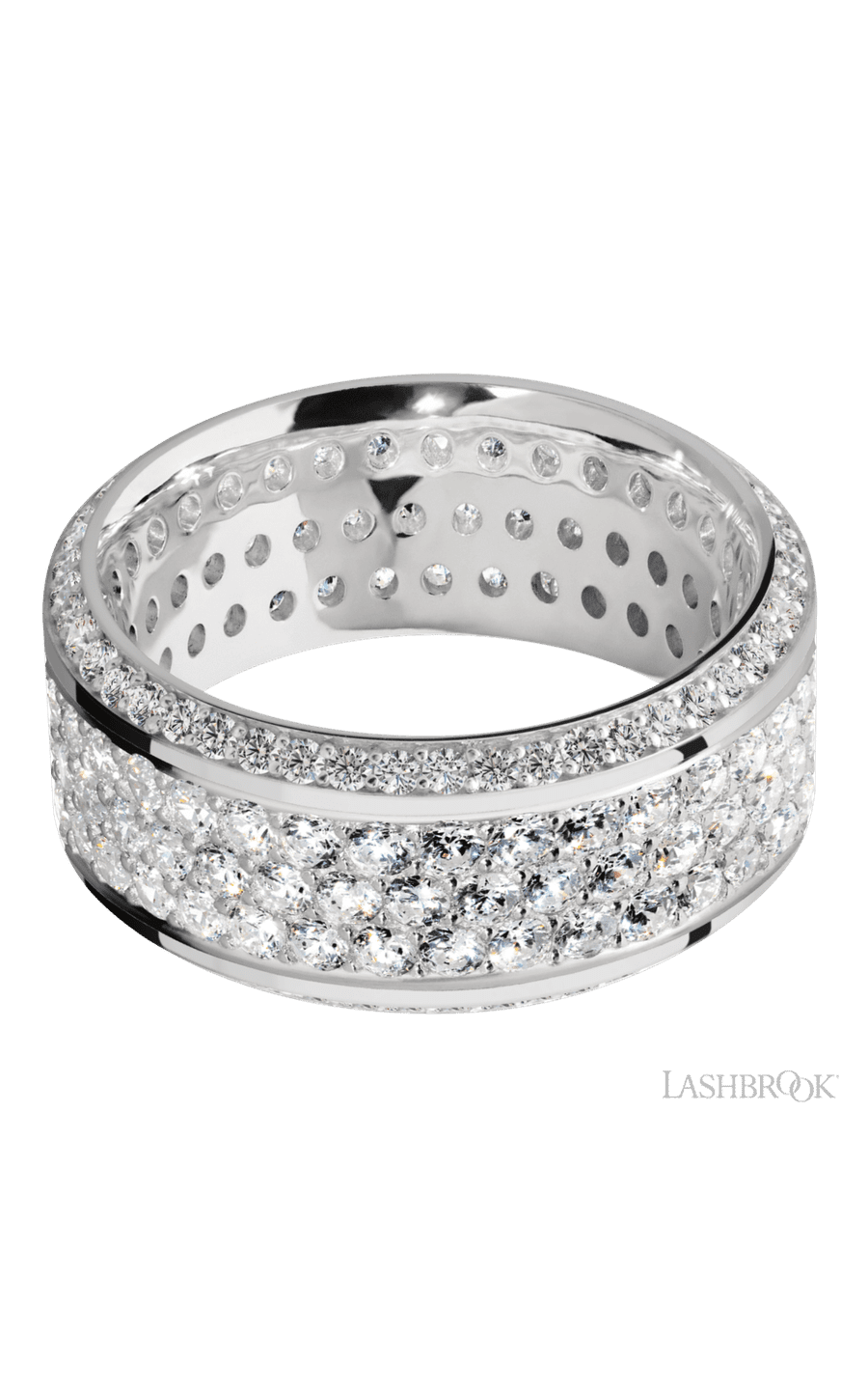 10 mm wide/High Bevel/14K White Gold band with a Bevel Eternity arrangement of .01 carat Round Diamond stones in a Bead setting and featuring a a 3 Row Eternity arrangement of .03 carat Round Diamond stones in a Bead Channel setting