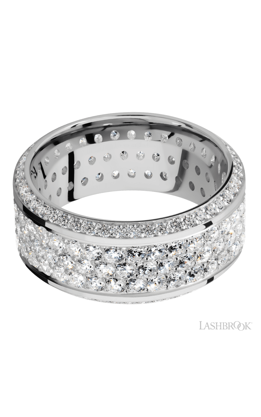 10 mm wide/High Bevel/14K White Gold band with a Bevel Eternity arrangement of .01 carat Round Diamond stones in a Bead setting and featuring a a 3 Row Eternity arrangement of .03 carat Round Diamond stones in a Bead Channel setting
