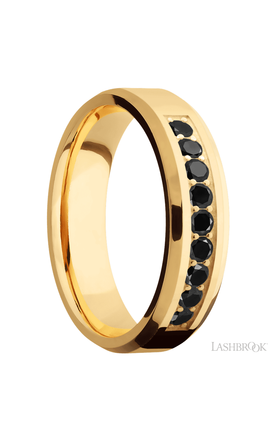 6 mm wide/Beveled/14K Yellow Gold band with an arrangement of 9, .05 carat Round Black Diamond stones in a Bead Channel setting.