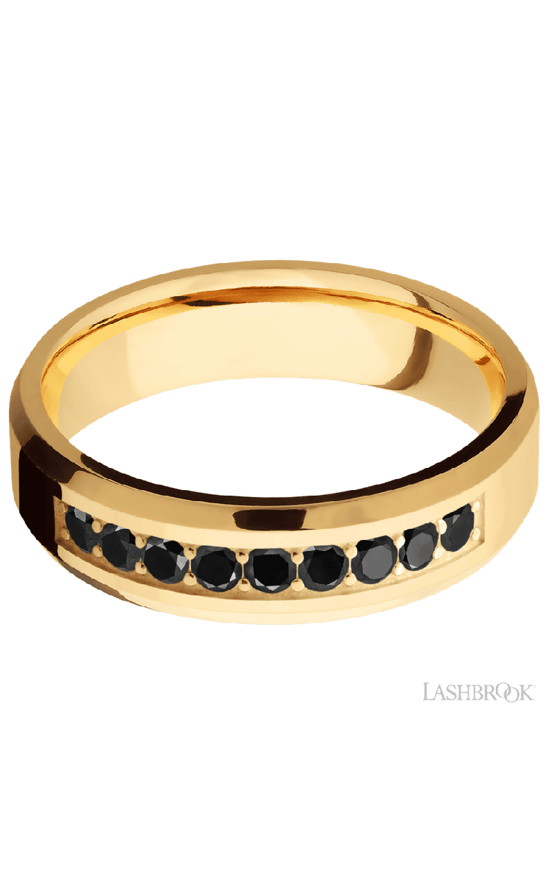 6 mm wide/Beveled/14K Yellow Gold band with an arrangement of 9, .05 carat Round Black Diamond stones in a Bead Channel setting.