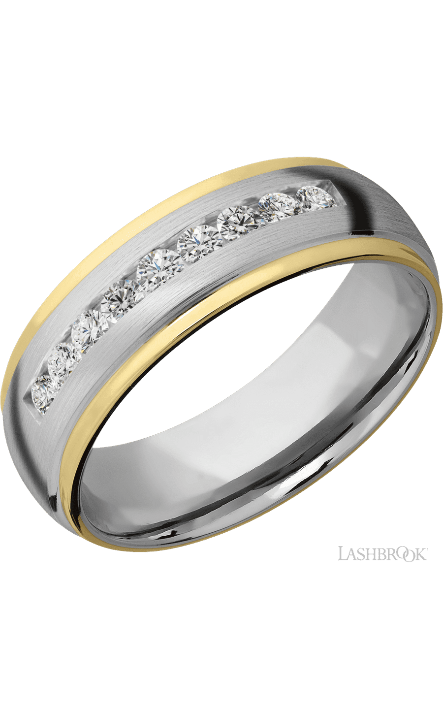 7 mm wide/Domed Stepped Down Edges/Cobalt Chrome band with two 1 mm Edge inlays of 14K Yellow Gold and featuring an arrangement of 9, .05 carat Round Diamond stones in a Channel setting