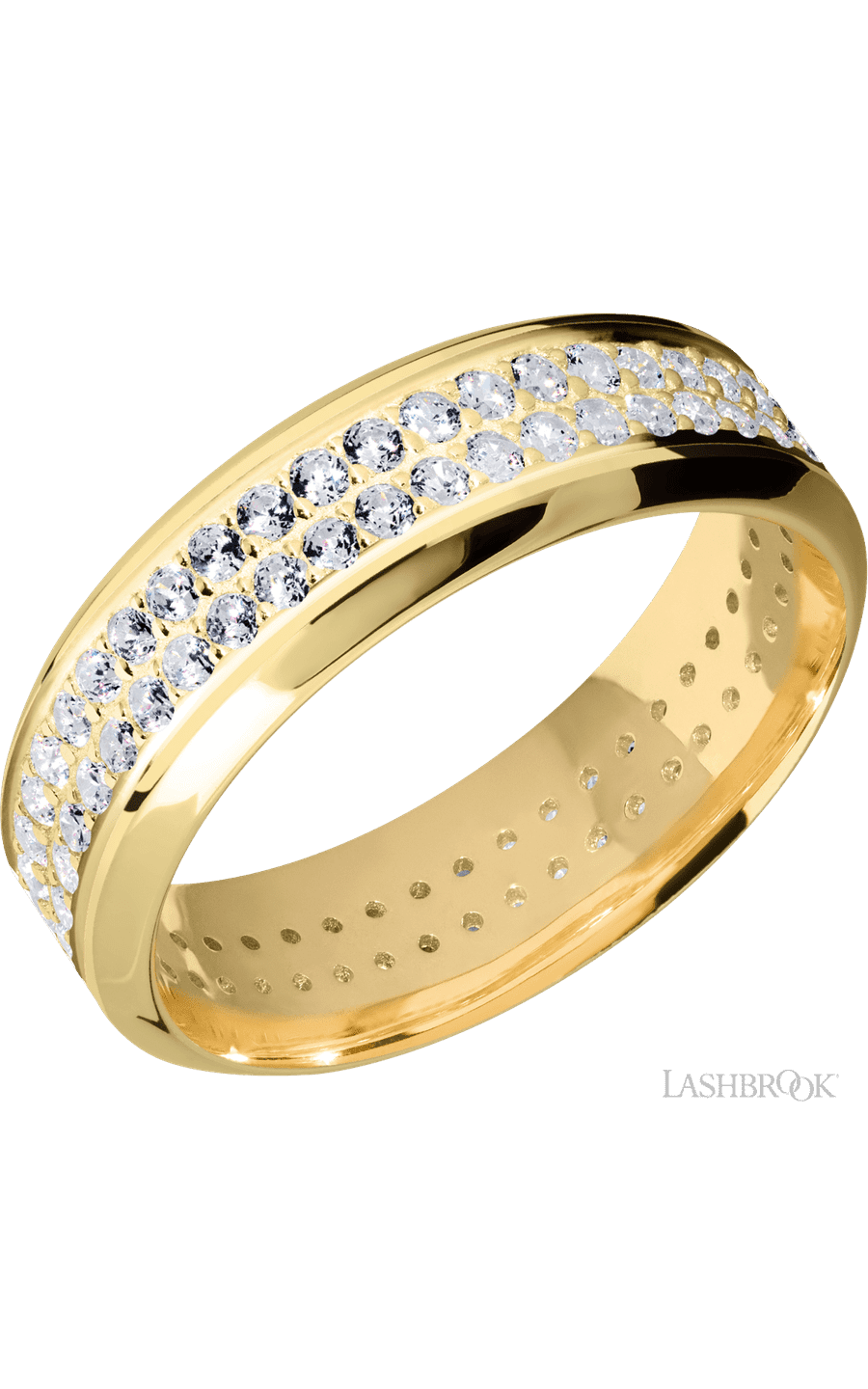 7 mm wide/High Bevel/14K Yellow Gold band with a 2 Row Eternity arrangement of .015 carat Round Diamond stones in a Bead Channel setting.