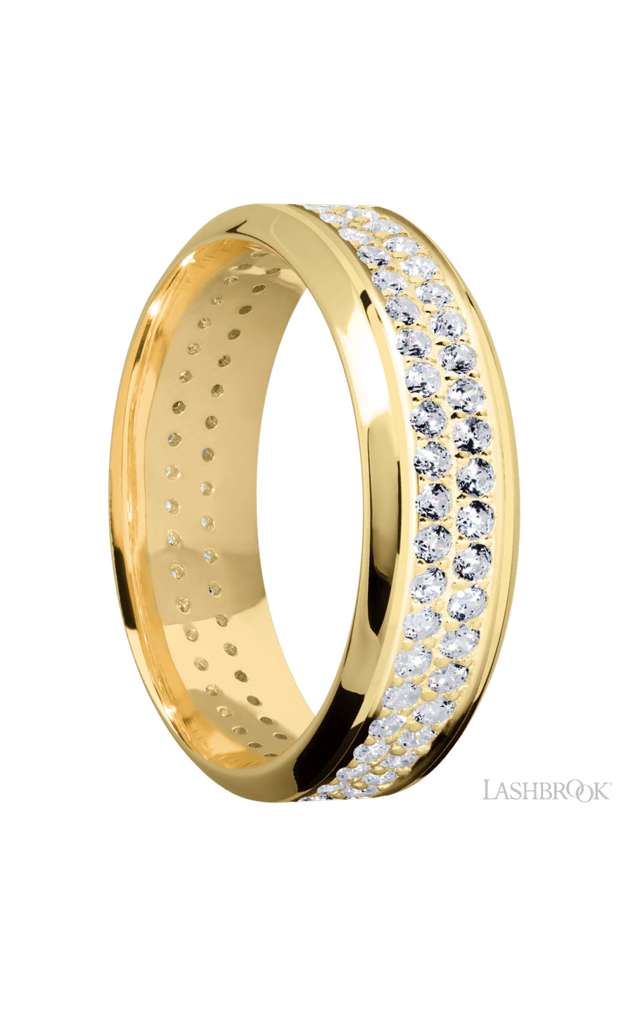 7 mm wide/High Bevel/14K Yellow Gold band with a 2 Row Eternity arrangement of .015 carat Round Diamond stones in a Bead Channel setting.