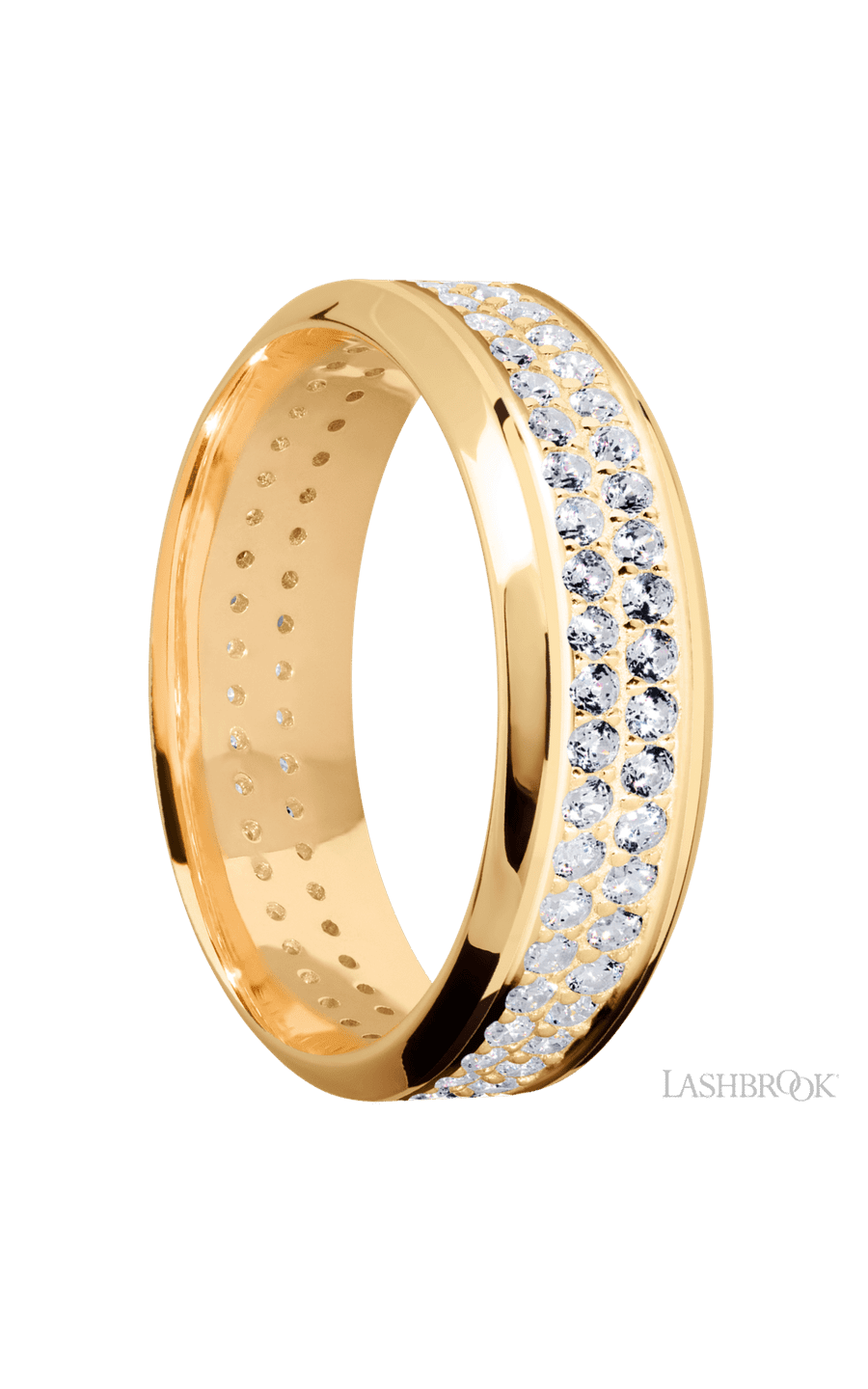7 mm wide/High Bevel/14K Yellow Gold band with a 2 Row Eternity arrangement of .015 carat Round Diamond stones in a Bead Channel setting.