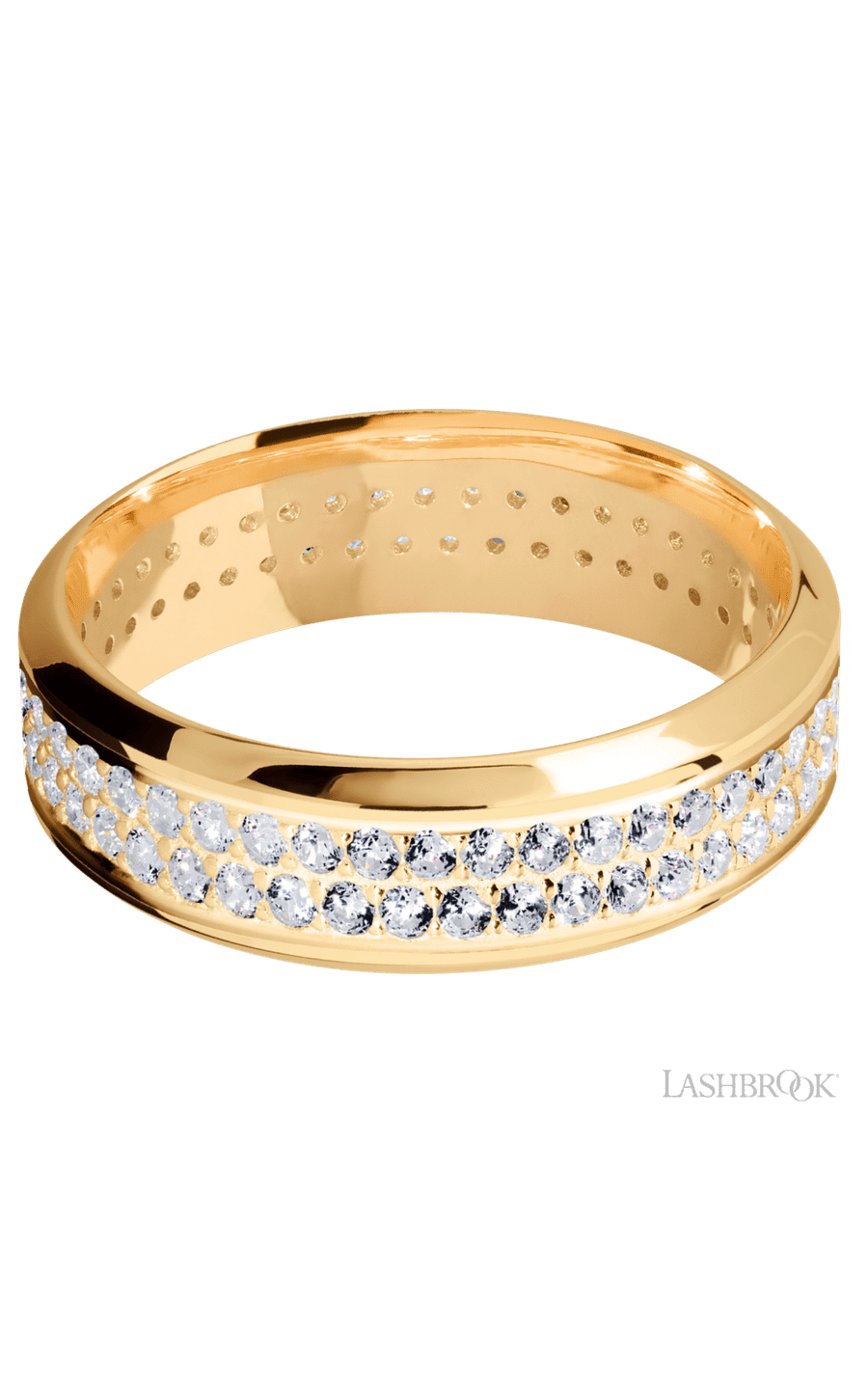 7 mm wide/High Bevel/14K Yellow Gold band with a 2 Row Eternity arrangement of .015 carat Round Diamond stones in a Bead Channel setting.