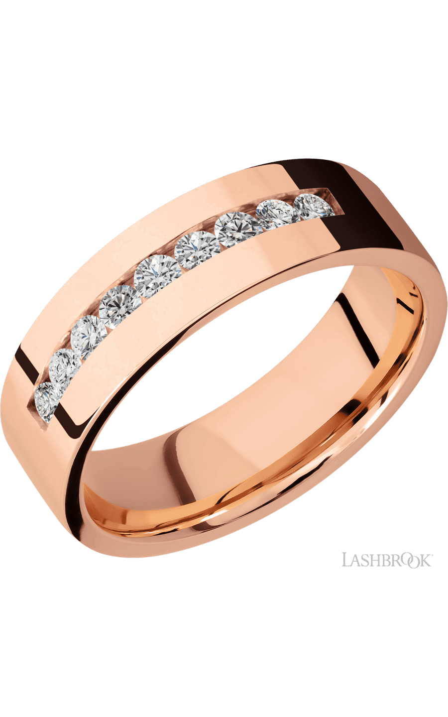 7 mm wide/Flat/14K Rose Gold band with an arrangement of 9, .05 carat Round Diamond stones in a Channel setting.