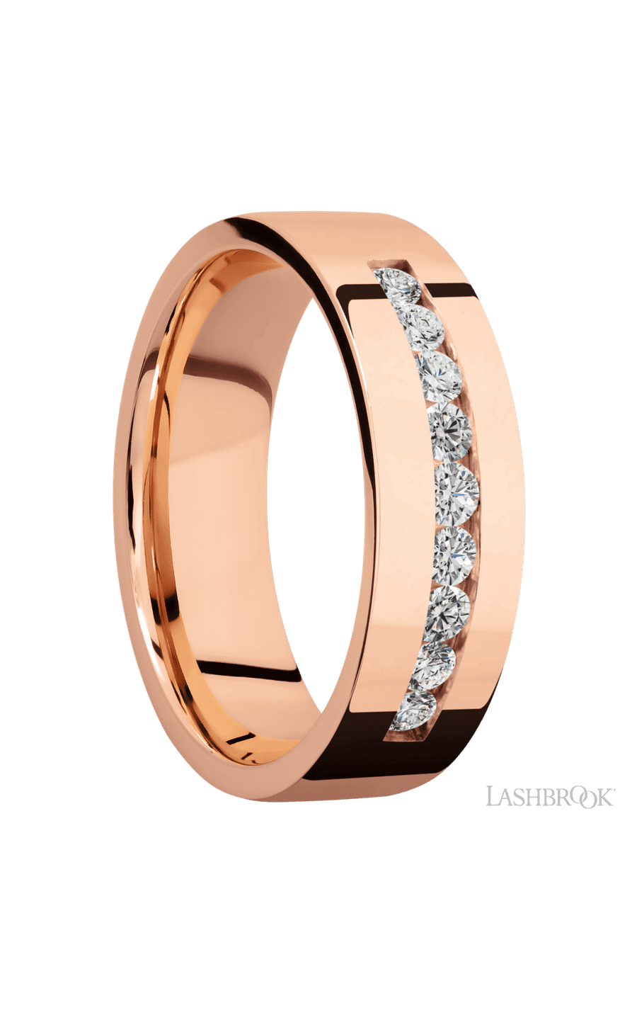 7 mm wide/Flat/14K Rose Gold band with an arrangement of 9, .05 carat Round Diamond stones in a Channel setting.