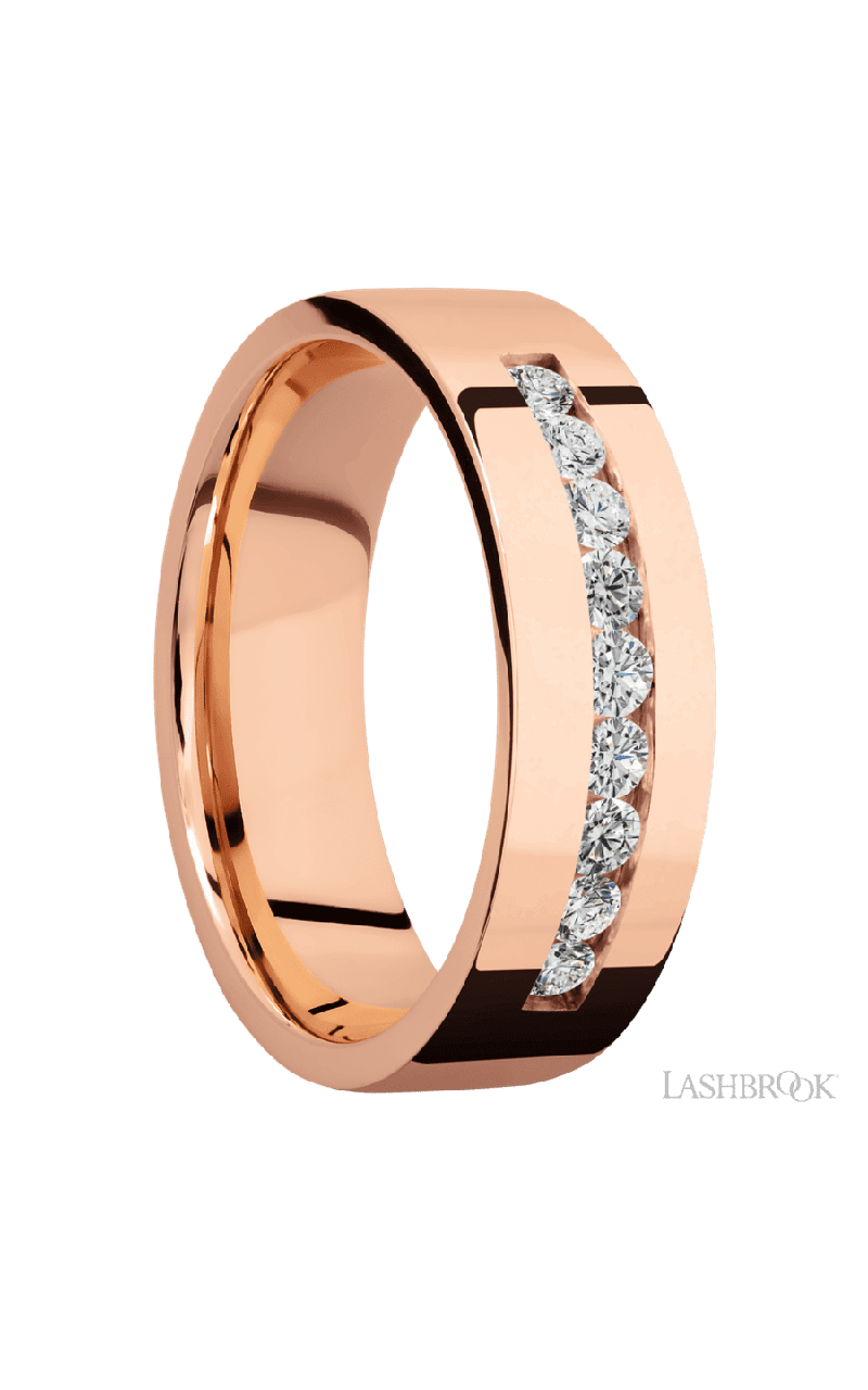 7 mm wide/Flat/14K Rose Gold band with an arrangement of 9, .05 carat Round Diamond stones in a Channel setting.