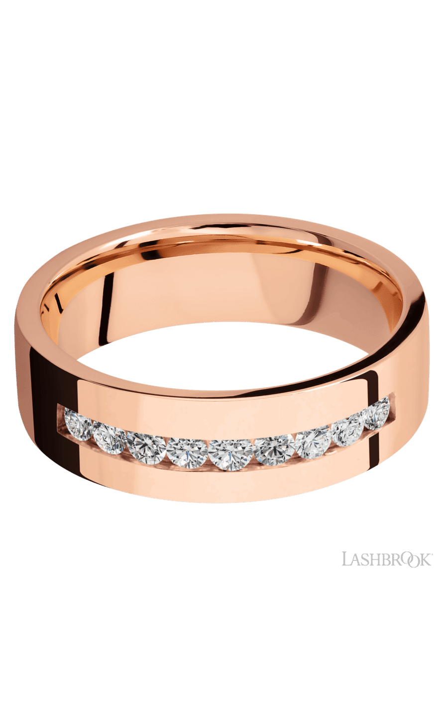 7 mm wide/Flat/14K Rose Gold band with an arrangement of 9, .05 carat Round Diamond stones in a Channel setting.
