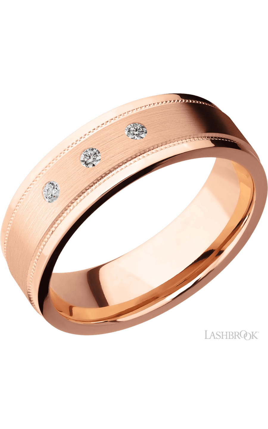 7 mm wide/Flat Stepped Edges Milgrain/14K Rose Gold band with an arrangement of 3, .03 carat Round Diamond stones in a Flush setting.