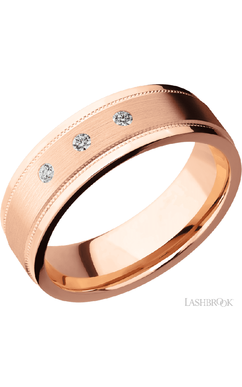 7 mm wide/Flat Stepped Edges Milgrain/14K Rose Gold band with an arrangement of 3, .03 carat Round Diamond stones in a Flush setting.
