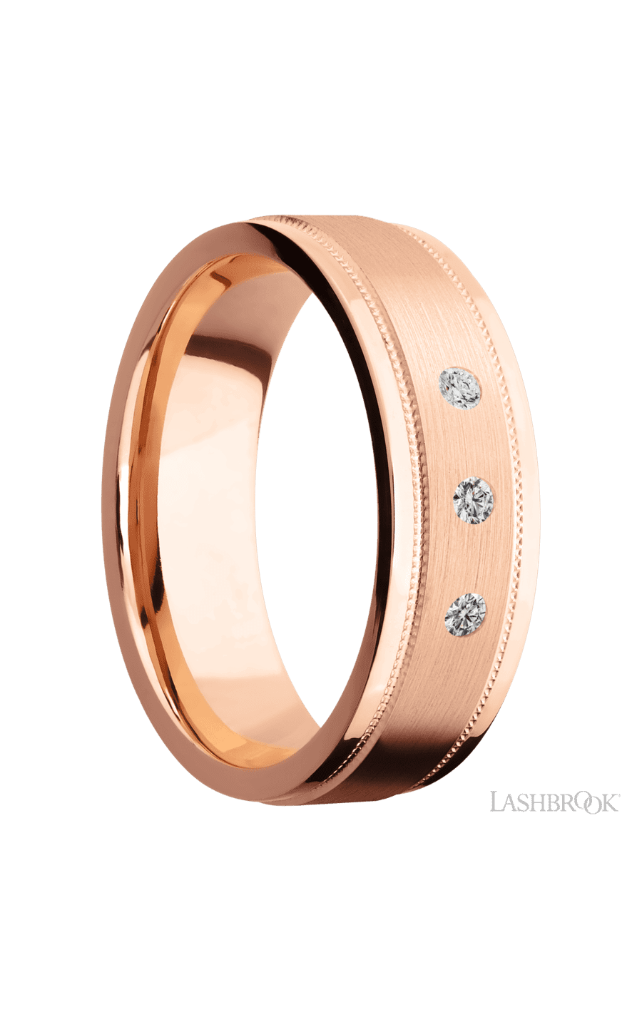 7 mm wide/Flat Stepped Edges Milgrain/14K Rose Gold band with an arrangement of 3, .03 carat Round Diamond stones in a Flush setting.